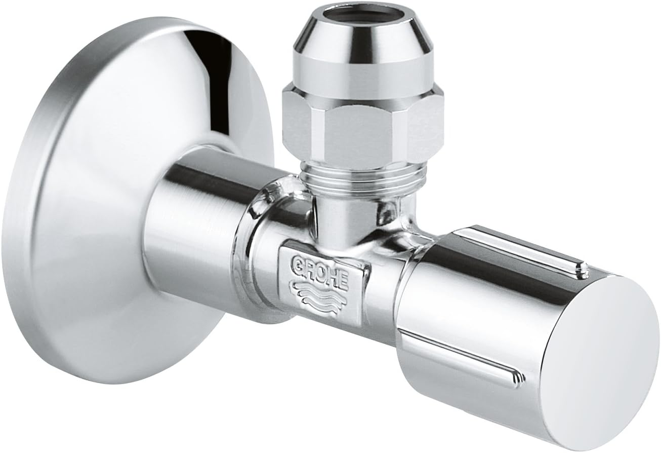 GROHE Angle Valve (With Self-Sealing Connection Thread, Wall Connection 1/2 Inch with Push Rosette, Outlet 3/8 Inch), Chrome, 22039000