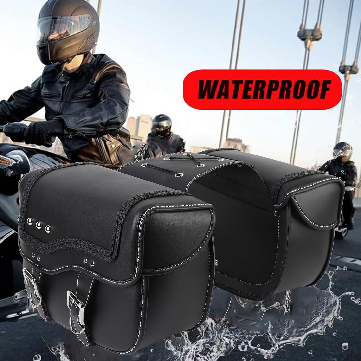 Motorcycle Saddlebags, 30L Large Capacity PU Leather Side Saddle Bags, Compatible with Motorcycle Dirt Bike Dual Sport Motorcross Motorbike Racing Mountain Off-Road, Black