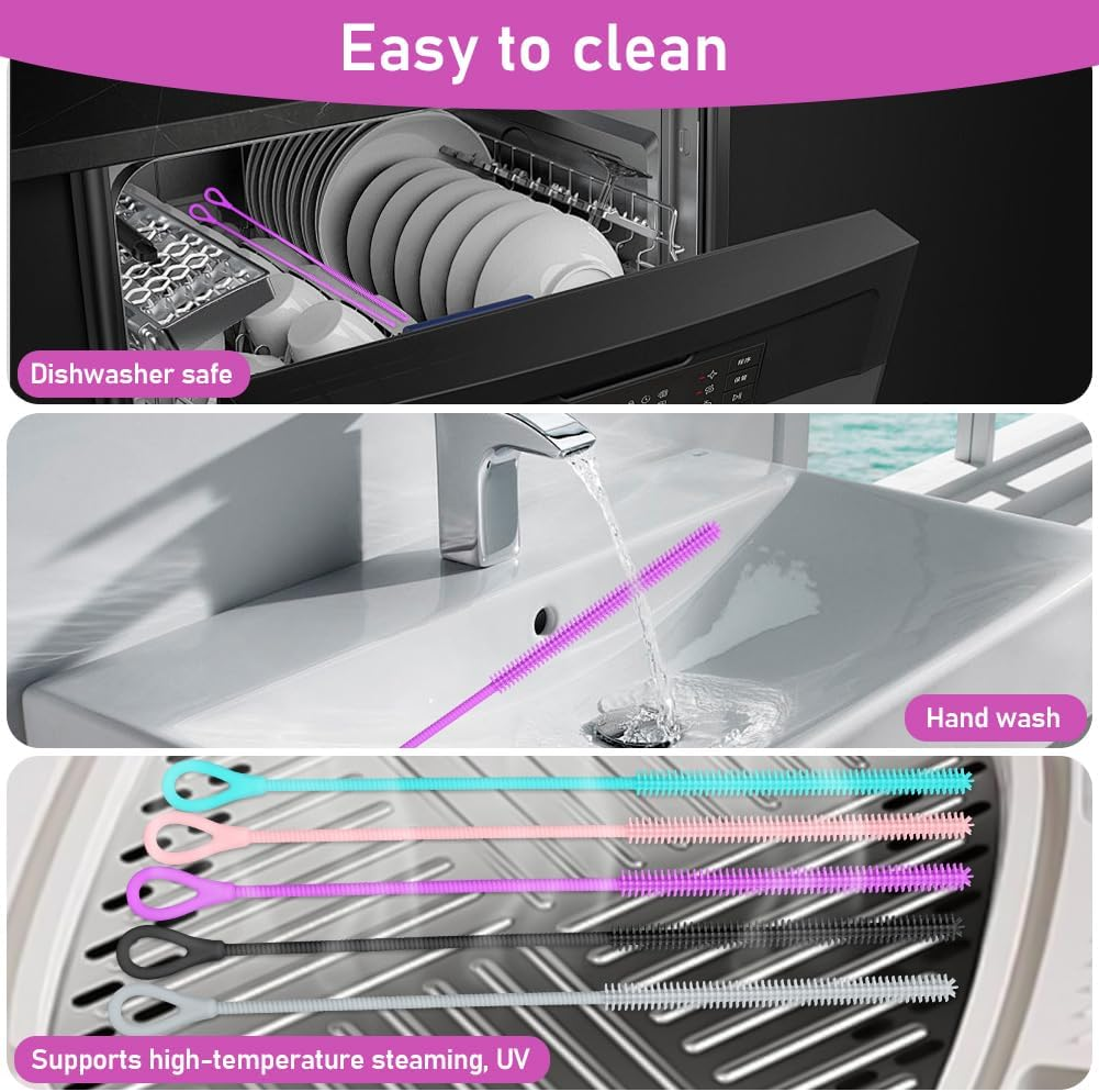 AYESY Silicone Straw Brush, 2Pcs 9.84In Extra Long Straw Cleaning Brush, Non-Slip Handle, Reusable Bendable Cleaning Tool for Cleaning Glass Metal Straws, 9Mm&6Mm - Black image number 7