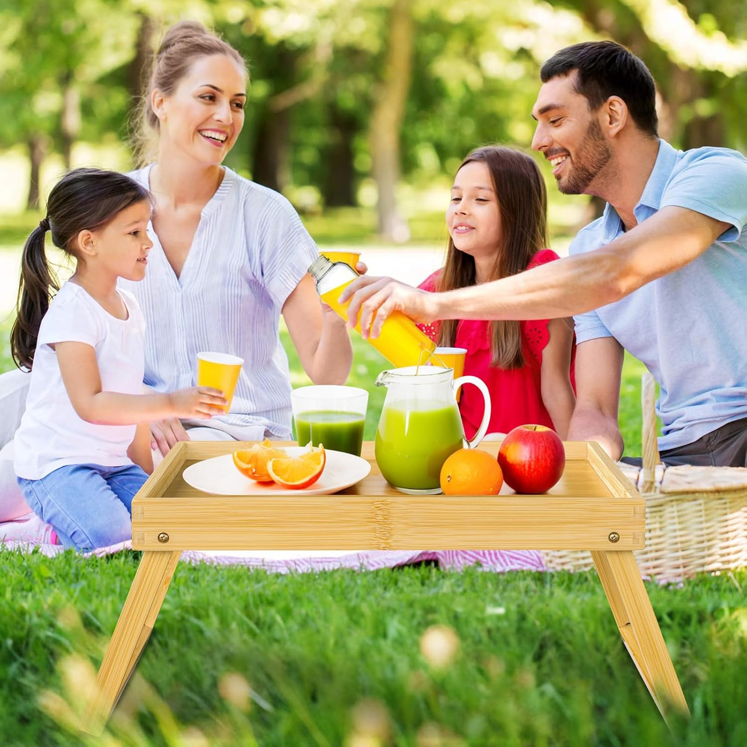 Bamboo Bed Tray Table with Folding Leg, Breakfast in Bed Tray for Eating, Kitchen Serving Tray, Sofa or Working, Laptop Desk Snack Tray in Bed (1, Beige) image number 2