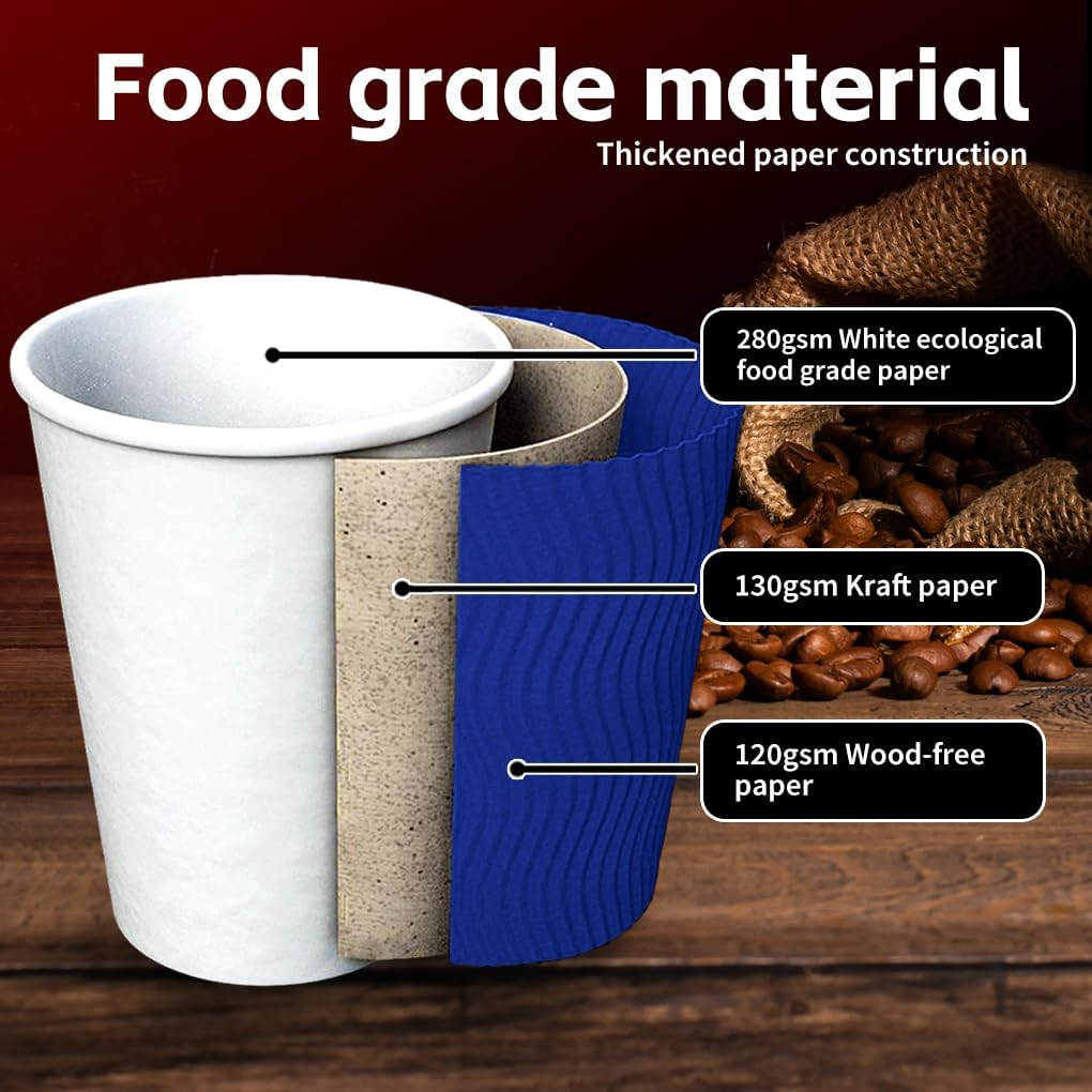 Vivva 12Oz 100 Pack Ripple Wall Paper Cups, Disposable Coffee Cups with Lids, to Go Paper Coffee Cups for Hot/Cold Beverages, Tea, Hot Chocolate, Juice. Ideal for Home, Restaurant, and Cafe (Blue) - Black - 8Oz image number 2