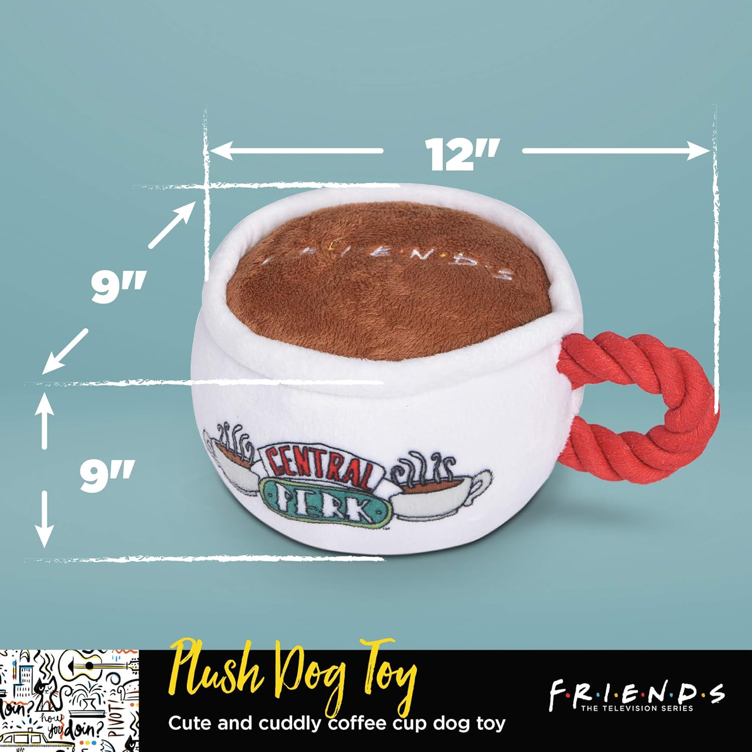 Warner Brothers for Pets Friends TV Show Central Perk Coffee Mug Plush Dog Toy with Rope Handle | 12-Inch Cute Squeaky Toy for All Dogs | Stuffed Dog Toys with Squeaker, Friends Memorabilia image number 2