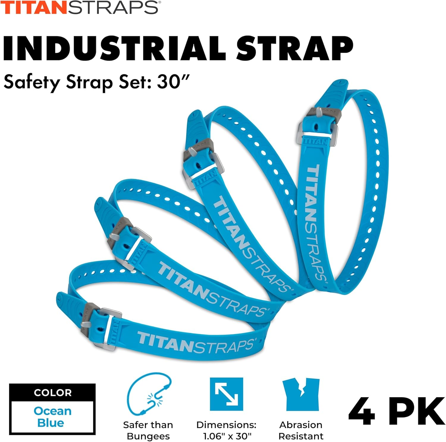 Titan Industrial Straps &ndash; Safety Strap Set to Secure Splits, Cargo Bikes, Garden Hoses, Wood Working Projects &ndash; 70 Lb. Working Load, 30" Length, Fluoro Blue, 4-Pack image number 6