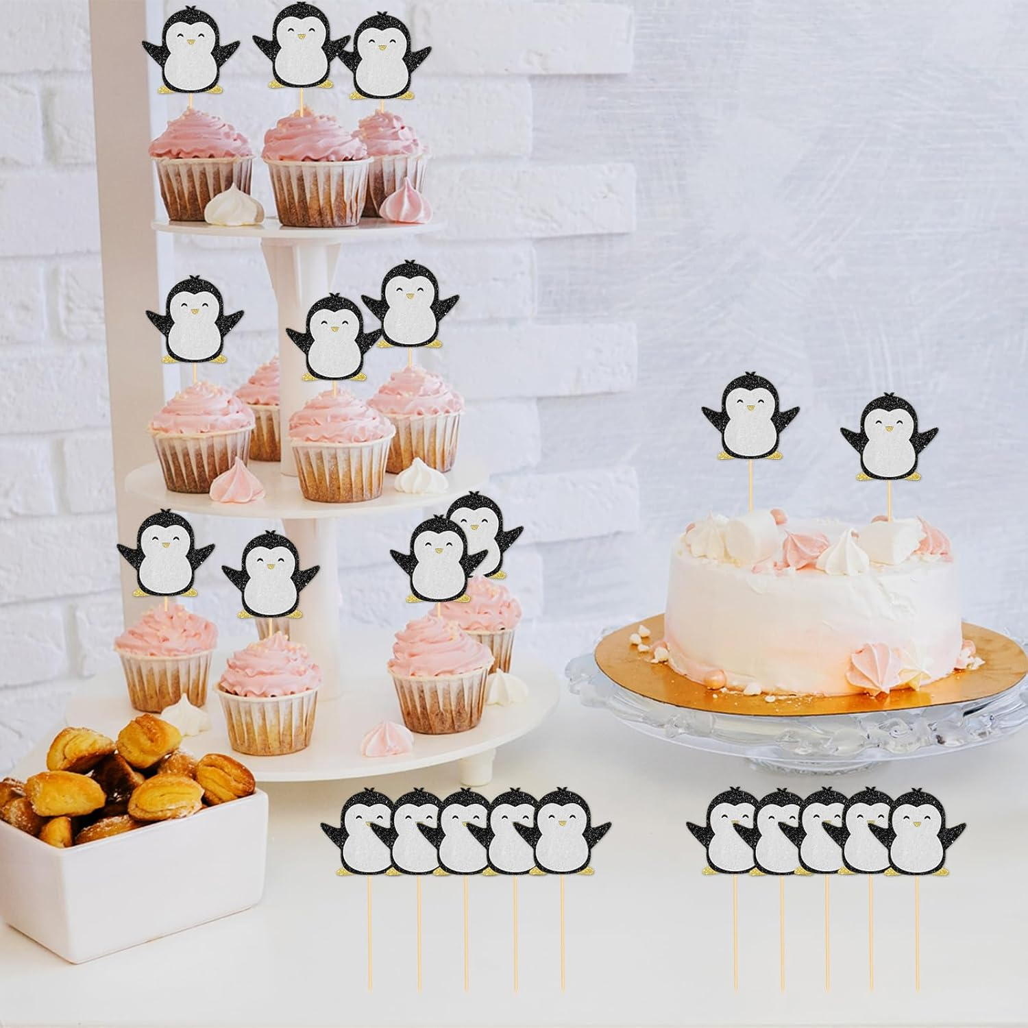 Penguin Cupcake Toppers, Penguin Baby Shower Party Decorations, Kids Birthday Party Cupcake Picks, Winter Onederland Party Supplies, 12Pcs image number 3