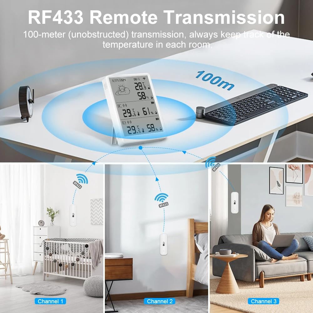 Uantii Smart Thermometer Kit Tuya Wifi Temperature Humidity Weather Station RF433 Wireless Thermometer Thermohygrometer for Indoor and Outdoor Works with Alexa and Google Home (1 Host+2 Sub-Sensor) image number 2