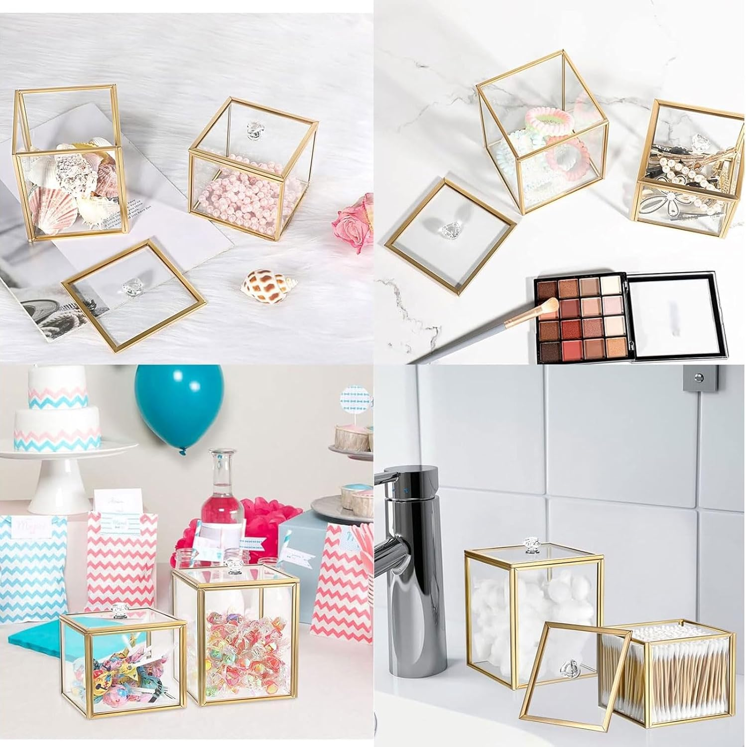 Hipiwe 2 Pack Glass Qtip Holder Dispenser with Lid Gold Bathroom Containers for Cotton Balls Makeup Sponges Bath Salts Candles Vanity Canisters Countertop Storage Organizer Jar image number 1