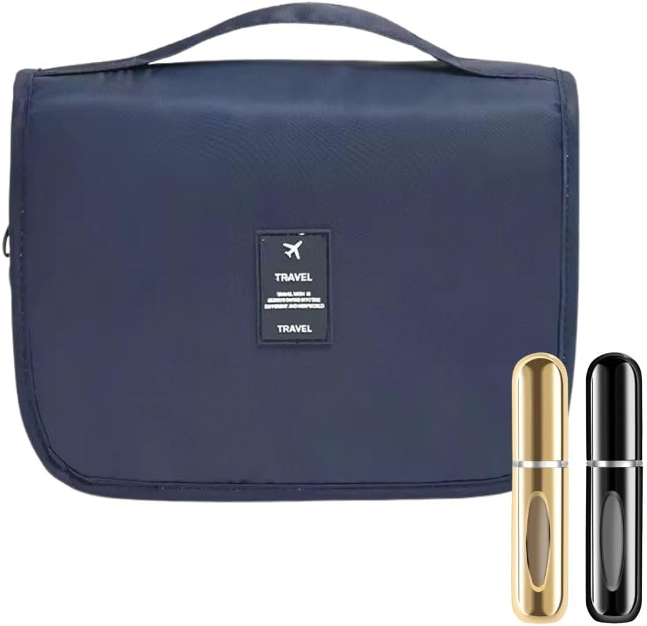 My Corgi Living Hanging Toiletry Bag with 2 Refillable Travel Size Perfume Bottle- Portable Travel Size Hanging Travel Makeup and Jewelry Organizer with Multiple Compartments for Men, Women (Grey)