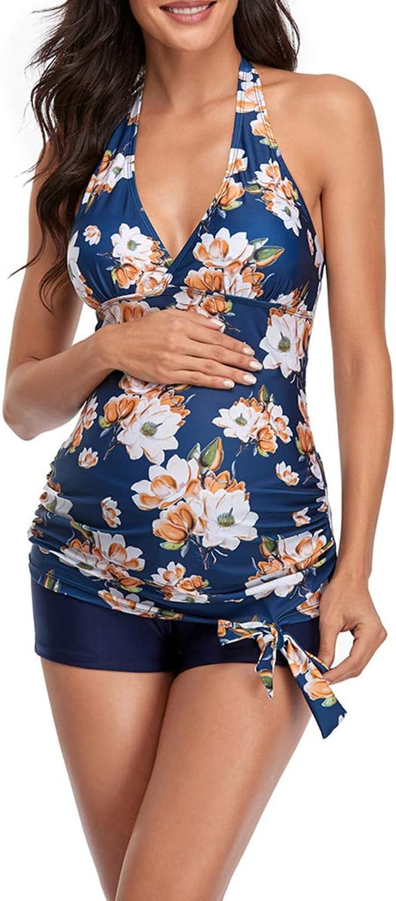 ASHER FASHION Women'S Halter Neck Maternity Tankini Backless V-Neck Top and Boyshort Two Piece Swimwear S-XXL