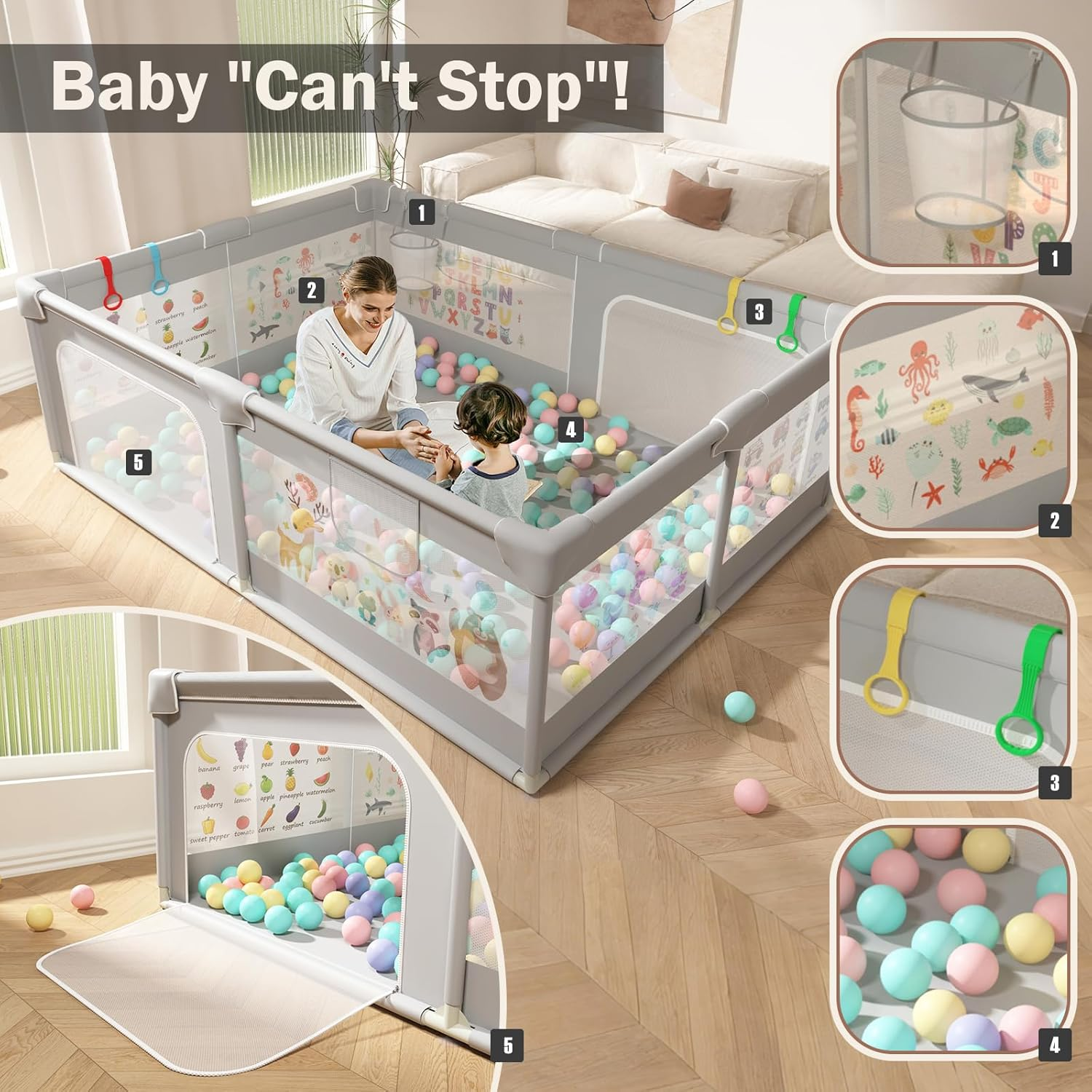 200X150Cm Playpen Baby, Extra Large Play Pen for Toddlers with Pattern Anti-Slip Sturdy Baby Play Yards Fence with 50 Balls, 4 Pull Rings, Balls Storage, Ball Storage & Zipper Door (Gray) image number 3
