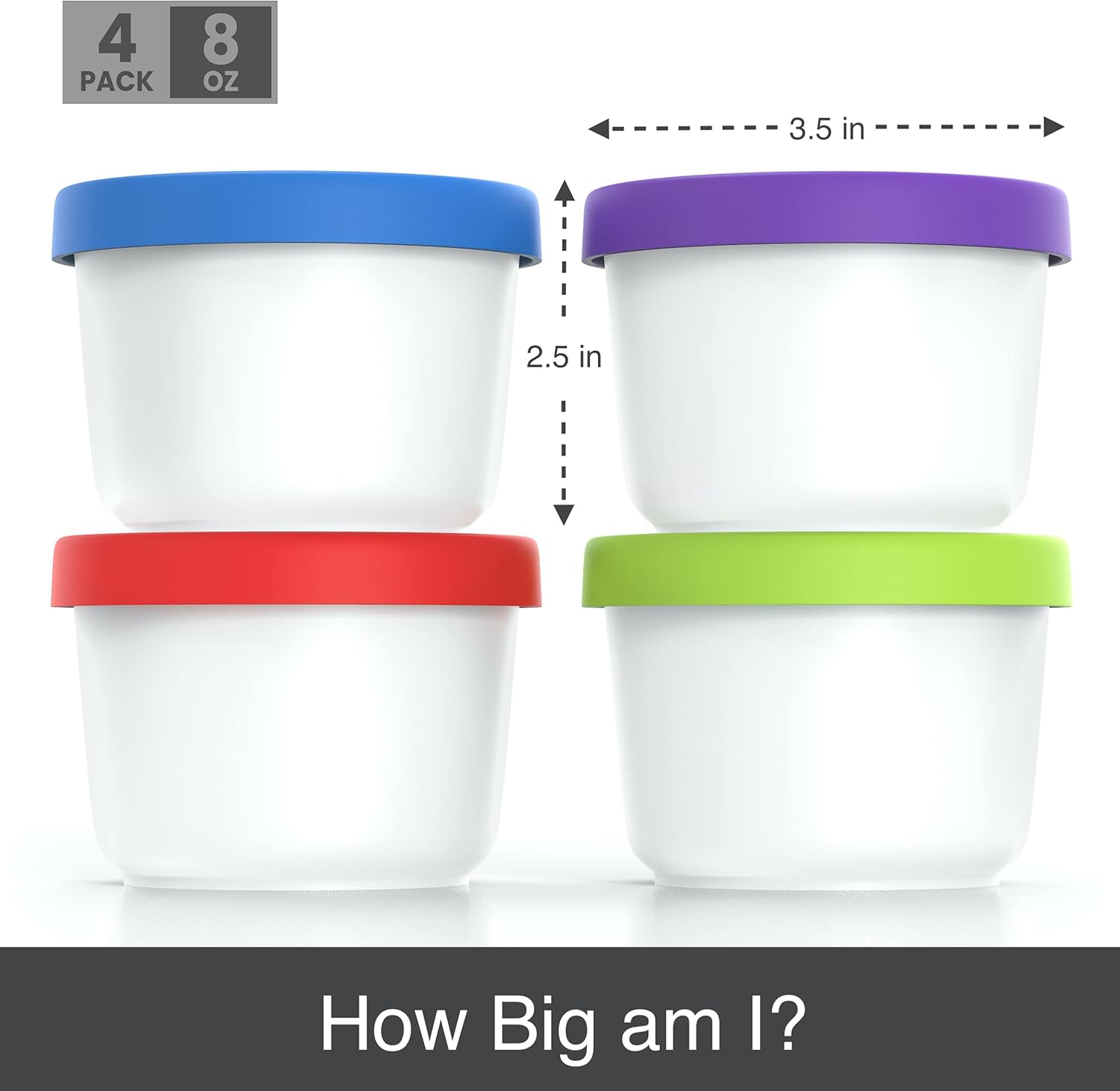 BALCI - 8Oz Mini Ice Cream Containers with Silicone Lids (Set of 4) - Freezer Food Storage Containers, Reusable, Leakproof, for Homemade Icecream Containers - Blue. Red, Green, Purple - Blue,Green,Purple,Red image number 2