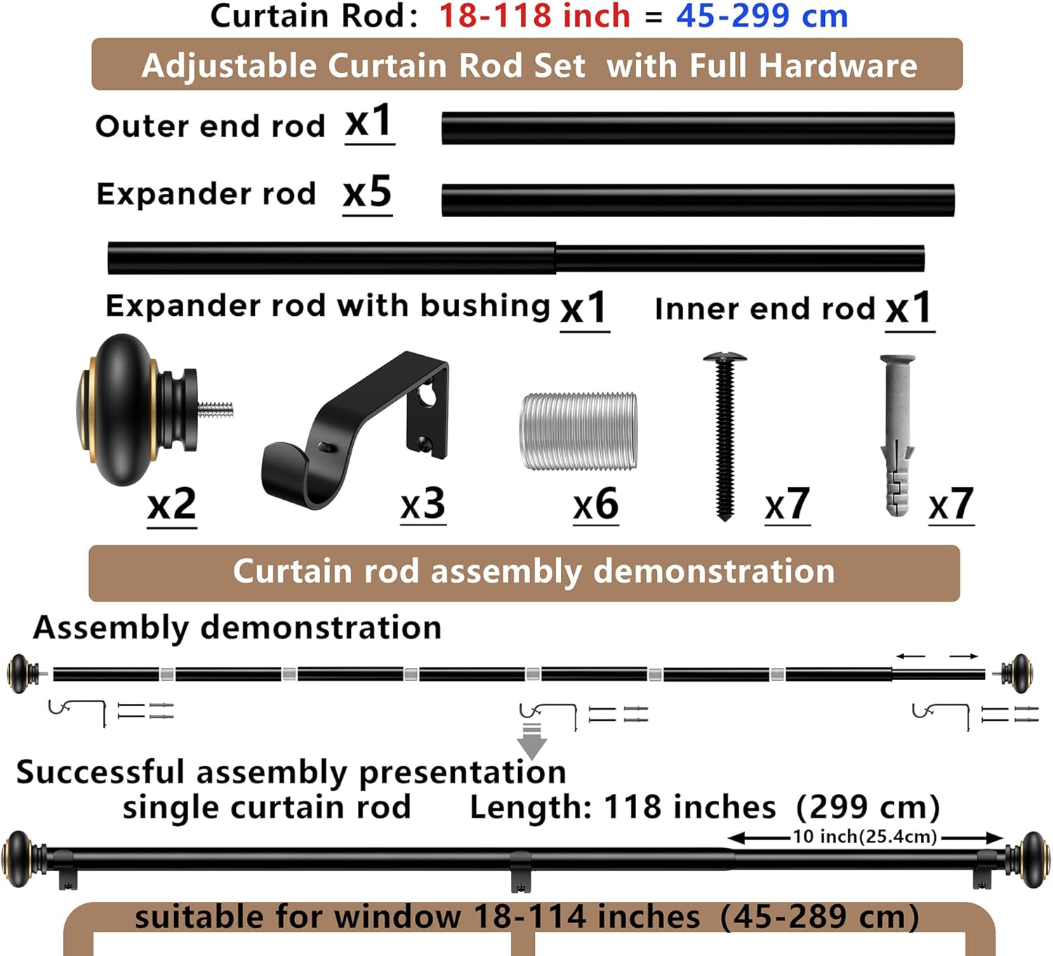 Curtain Rods 45-299 Cm, for Window 279 Cm, Adjustable Length Heavy Duty Decorative Finials Diameter 2.2 Cm, Black image number 6