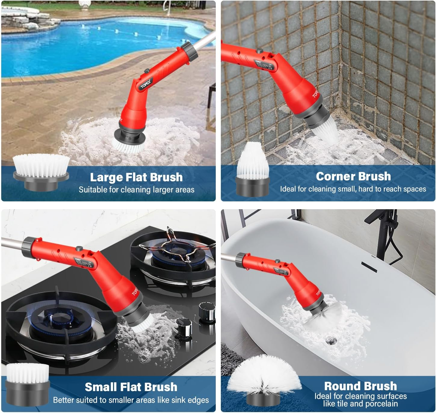 TOPEX 20V Cordless Power Scrubber Rechargeable Electric Bathroom Scrubber Shower Scrubber Cleaning Brush Household Tools W/Extension Handle & 4 Replaceable Brush Heads, 2 Speeds Power Scrubber Brush image number 3