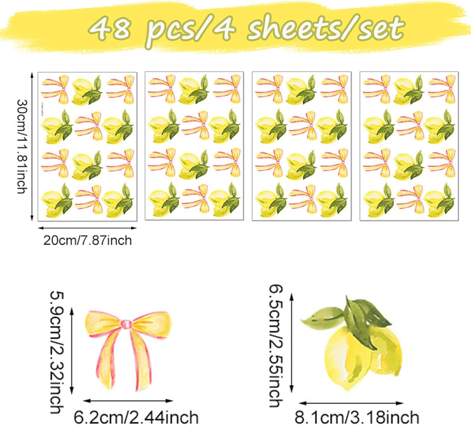 Untilplan 48 Pcs Flowers Wall Decal Boho Wall Decals Vinyl Wall Lemon Stickers Cute Girls Groovy Floral Stickers for Baby Kids Bedroom Bathroom Living Room Home Decoration-Lemo image number 3