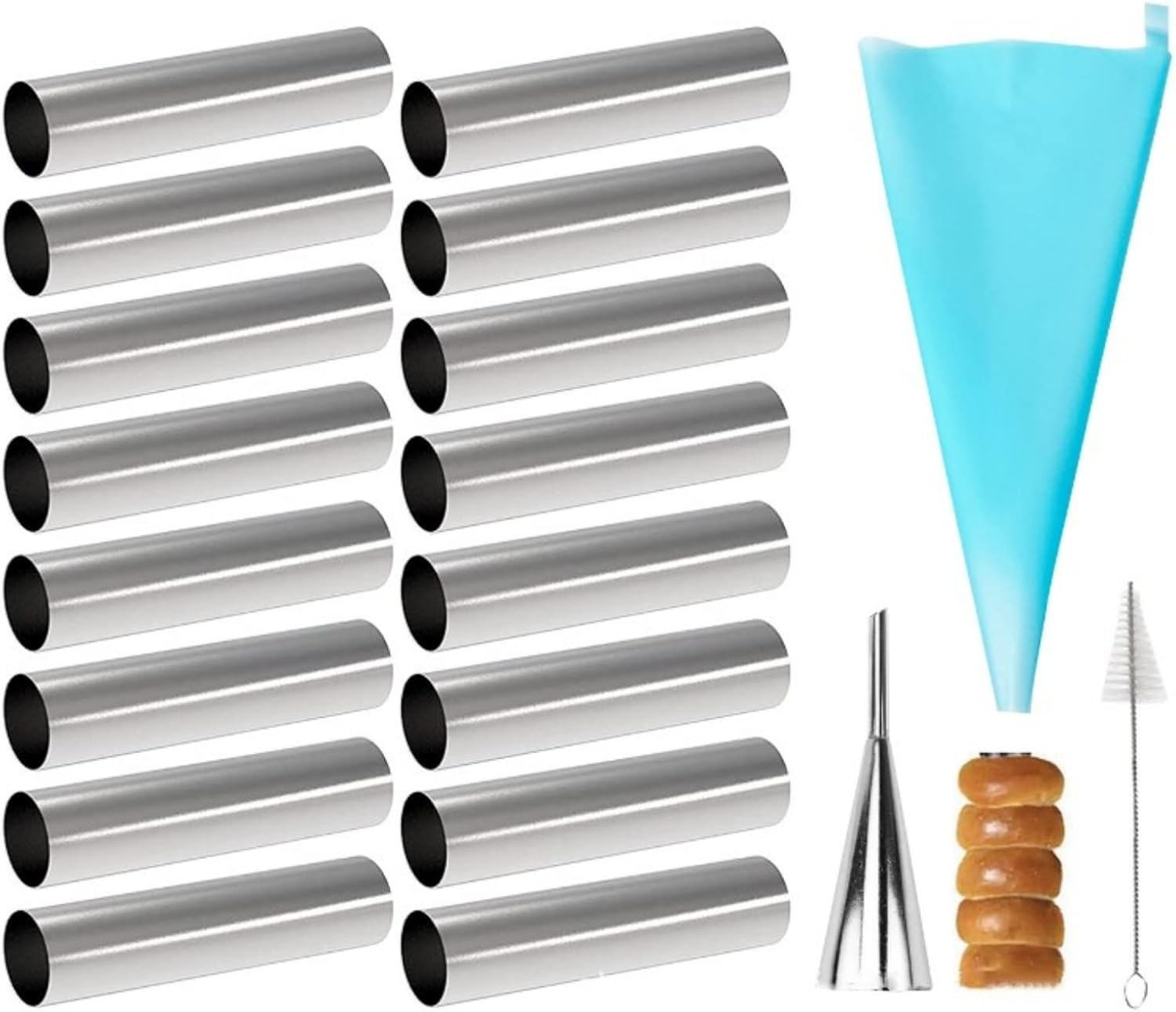 Joyeee 16 Pack Stainless Steel Cream Horn Molds Mini, with Piping Bags Reusable, Cream Icing Piping Nozzle Tip Long and Cleaning Nozzle Brush Baking Accessories Decorating Tool, 3.4 Inch