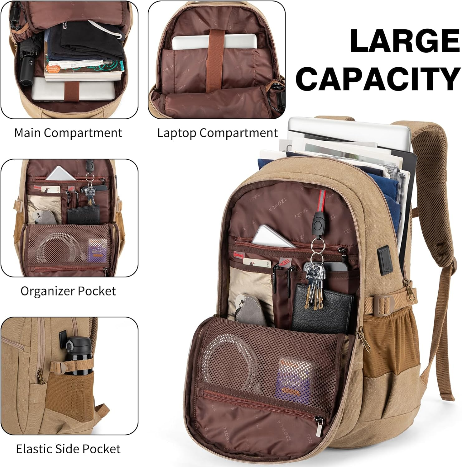 Tzowla Vintage Canvas Laptop Backpack for Men and Women,College Travel Work Rucksack Fit 15.6 Inch Laoptop - Khaki image number 3