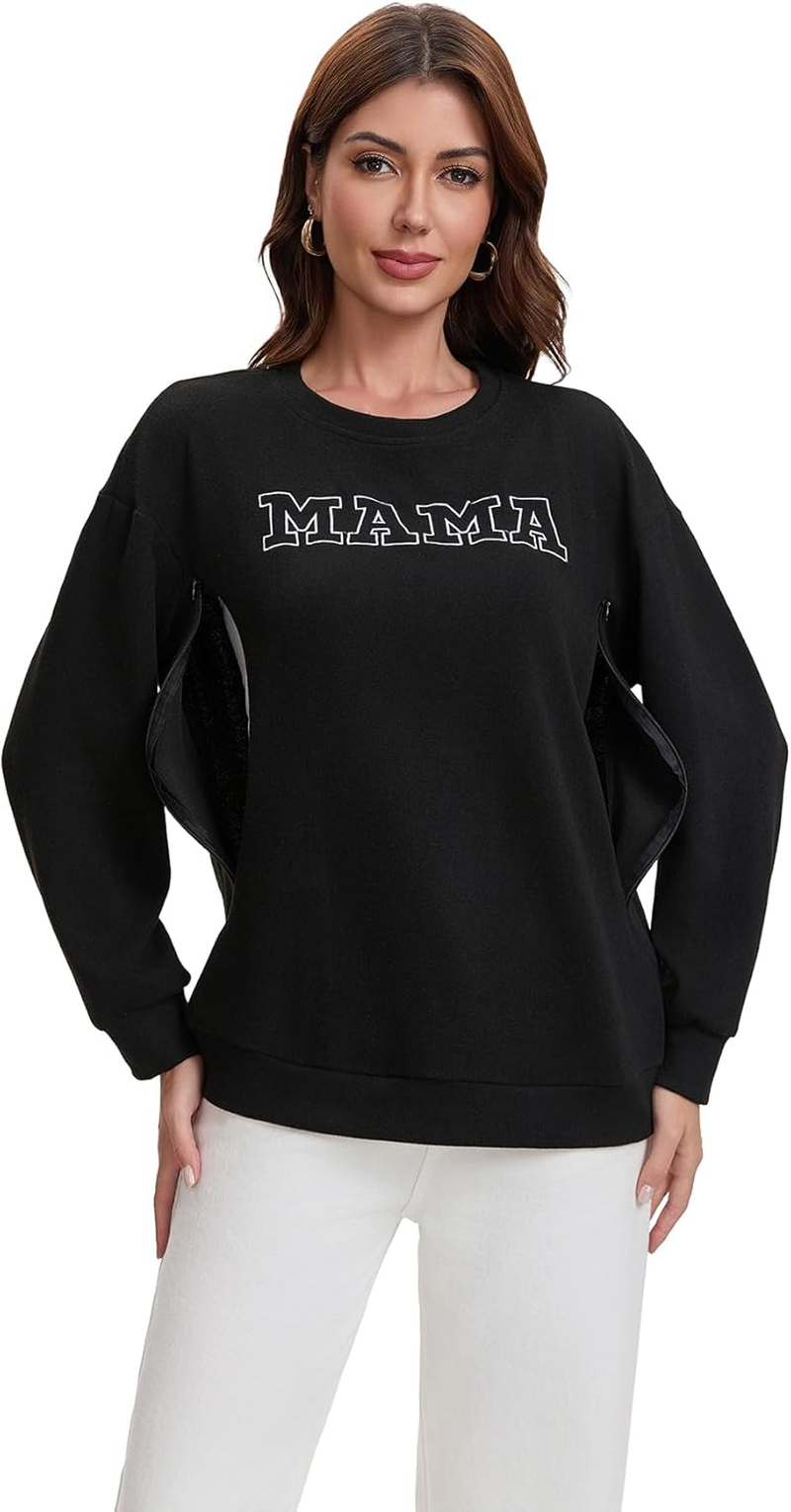 TAIUICY Women Waffle Knit Mama with Zippers Breastfeeding Sweatshirt Mama Embroidered Zip Nursing Pullover Tops image number 3