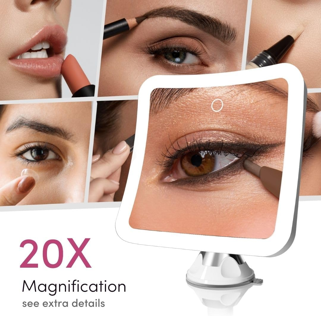 Fancii 20X Magnifying Makeup Mirror with LED Lights, Rechargeable, High Zoom | 7-Inch Large Lighted Travel Mirror for Vanity and Bathroom, Dimmable, 3 Light Settings, Strong Suction, 360&deg; Rotation image number 3