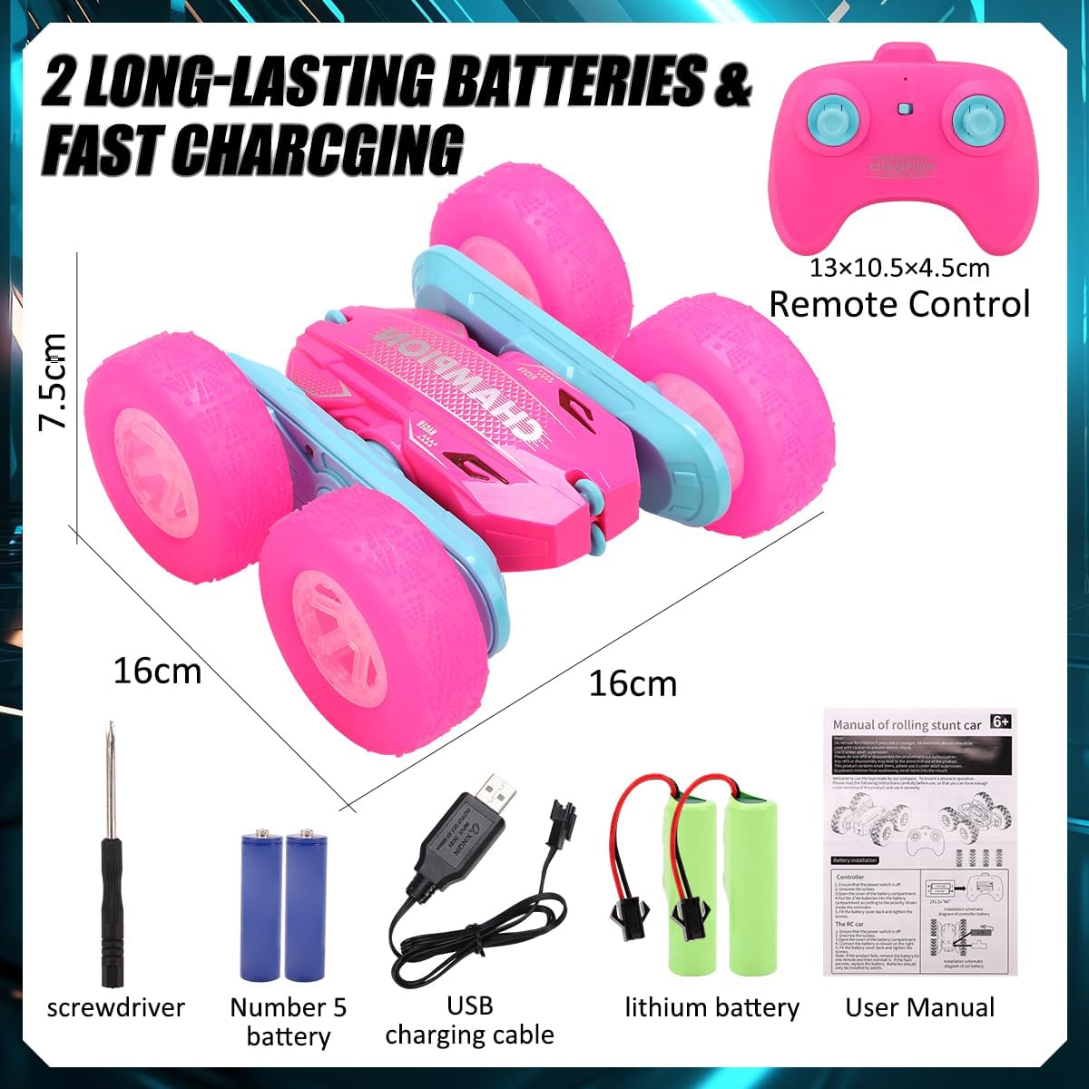 Kaekid Remote Control Car, Double Sided RC Stunt Car with LED Lights, Indoor/Outdoor All Terrain Rechargeable 4WD off Road RC Car, RC Race Toys for Kids Boys Girls 6-12 Year Old image number 3