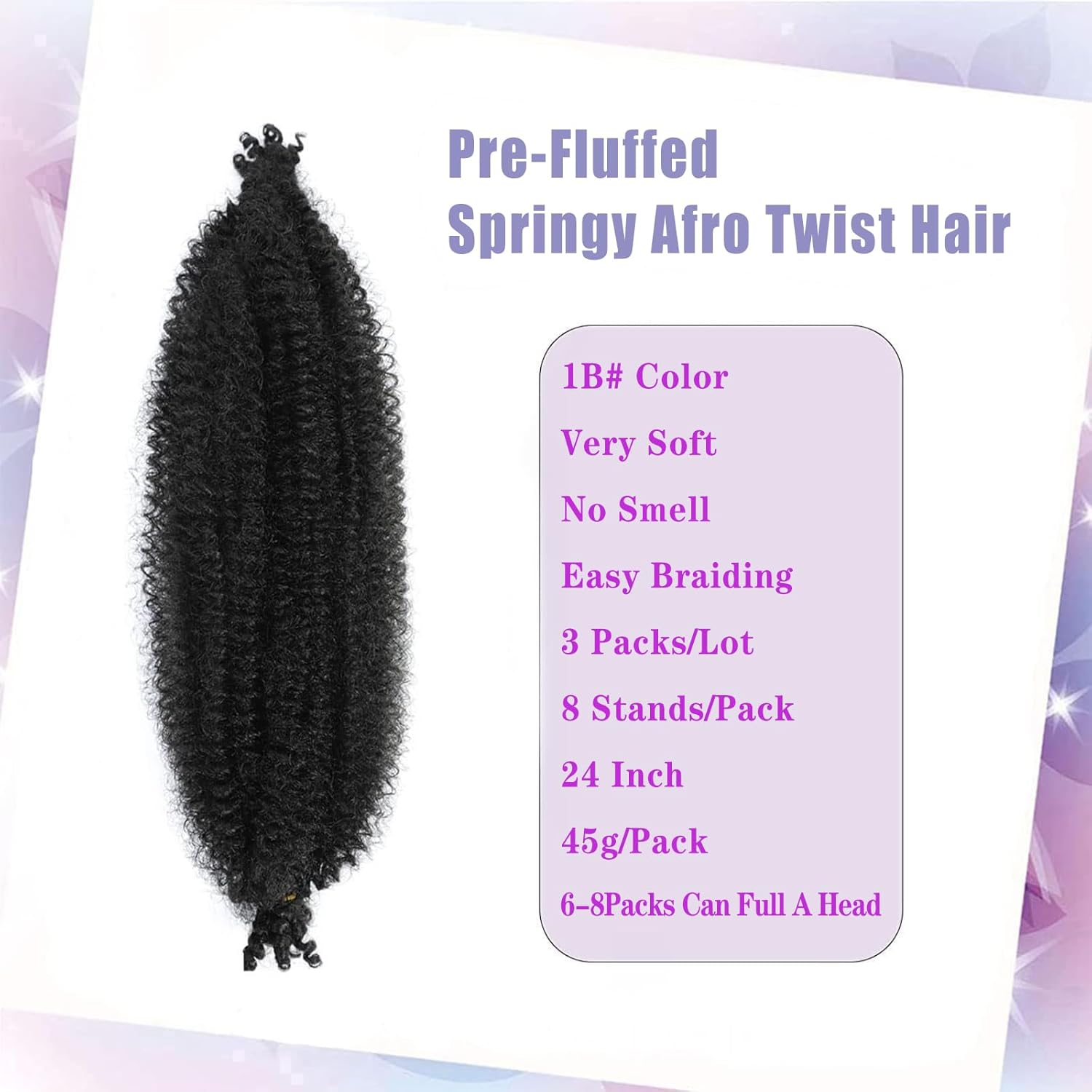 BLTYXT Springy Afro Twist Soft Pre Separated Synthetic Marley Twist Braiding Hair for Locs Crochet Hair Extensions (24 Inches (Pack of 3), 1B) image number 2