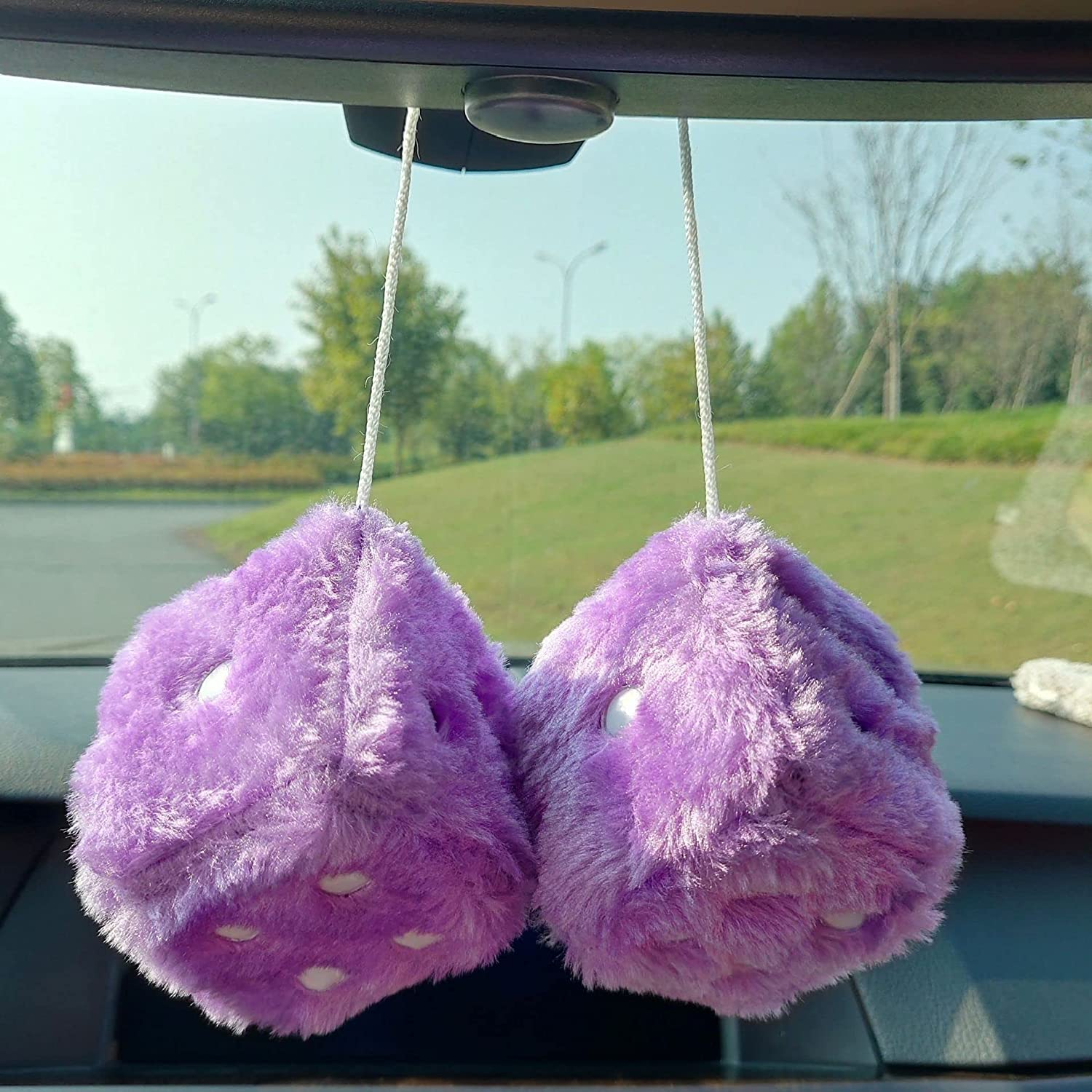 Pair 3&rdquo; Purple with White Dots Mirror Fuzzy Plush Dice, Purple and White Soft Plush Car Decorative Hanging Ornament. image number 3