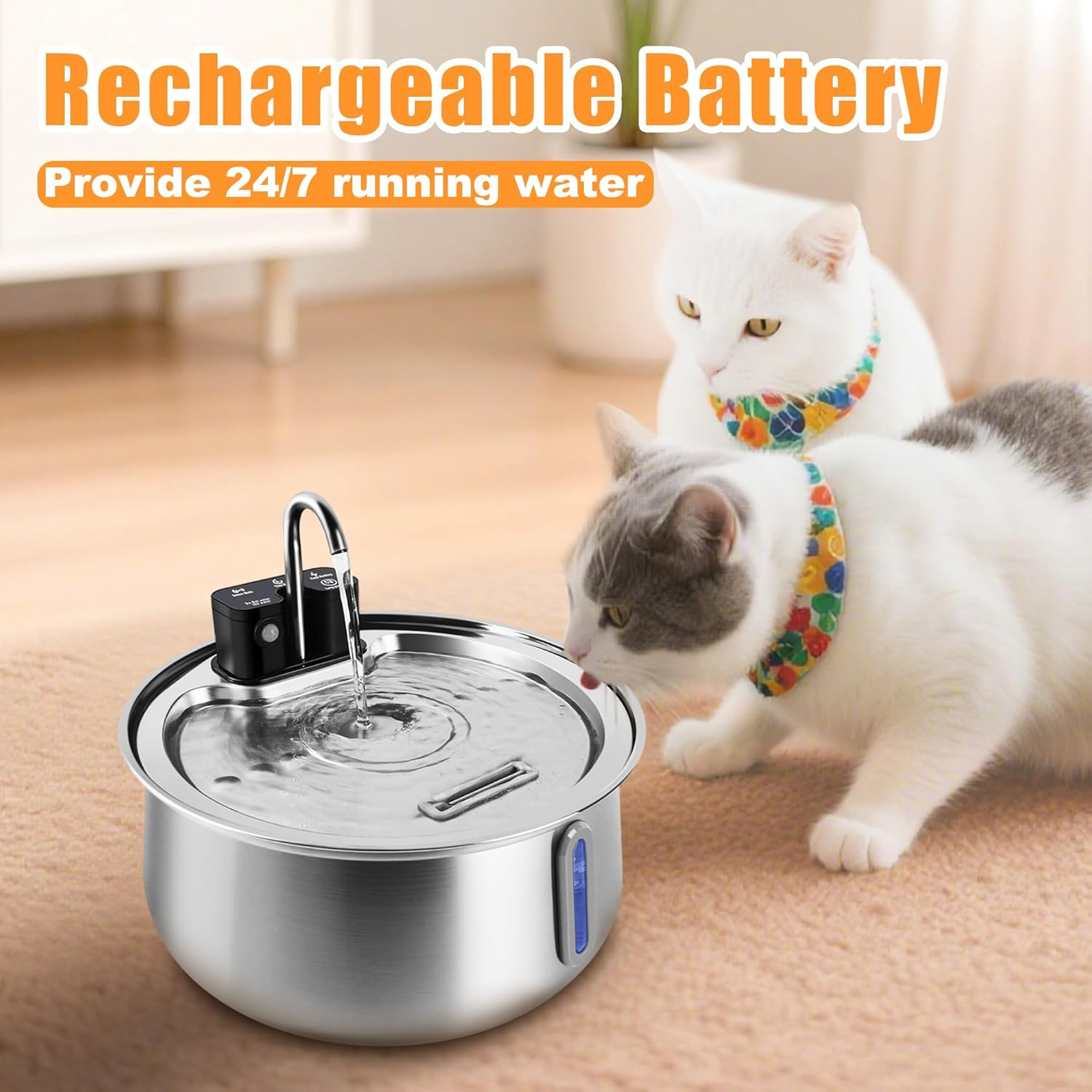 OMIPAWZ Cordless Cat Water Fountain Stainless Steel, 4L Automatic Wireless Pet Drinking Fountain Battery Operated with Water Level Window for Cats Dogs image number 3