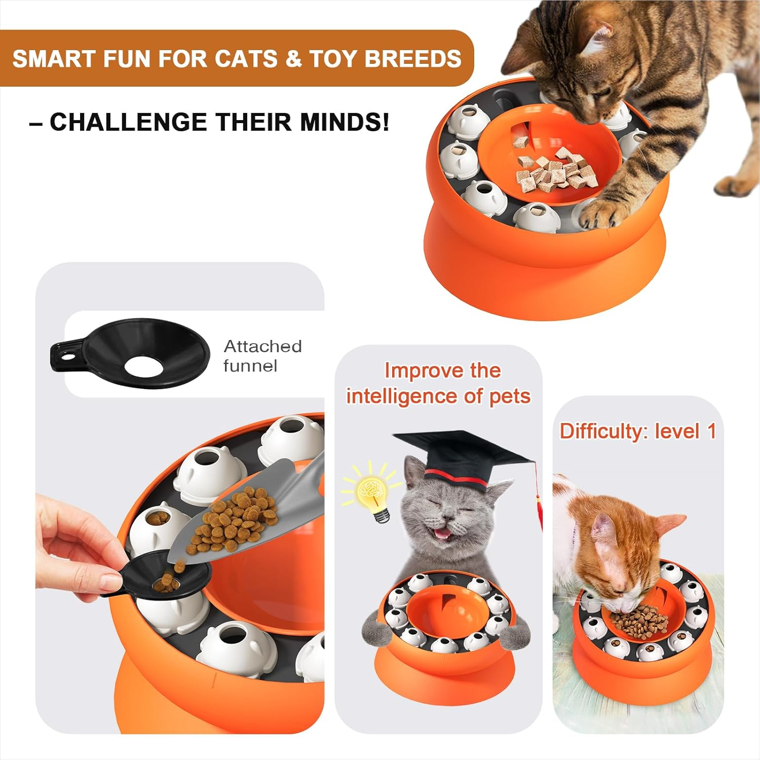 Interactive Slow Feeder & Puzzle Toy for Cats and Small Dogs - Treat Dispenser, Spill-Proof Food Bowl for Mental Stimulation, Foraging & Fun (Orange) image number 3