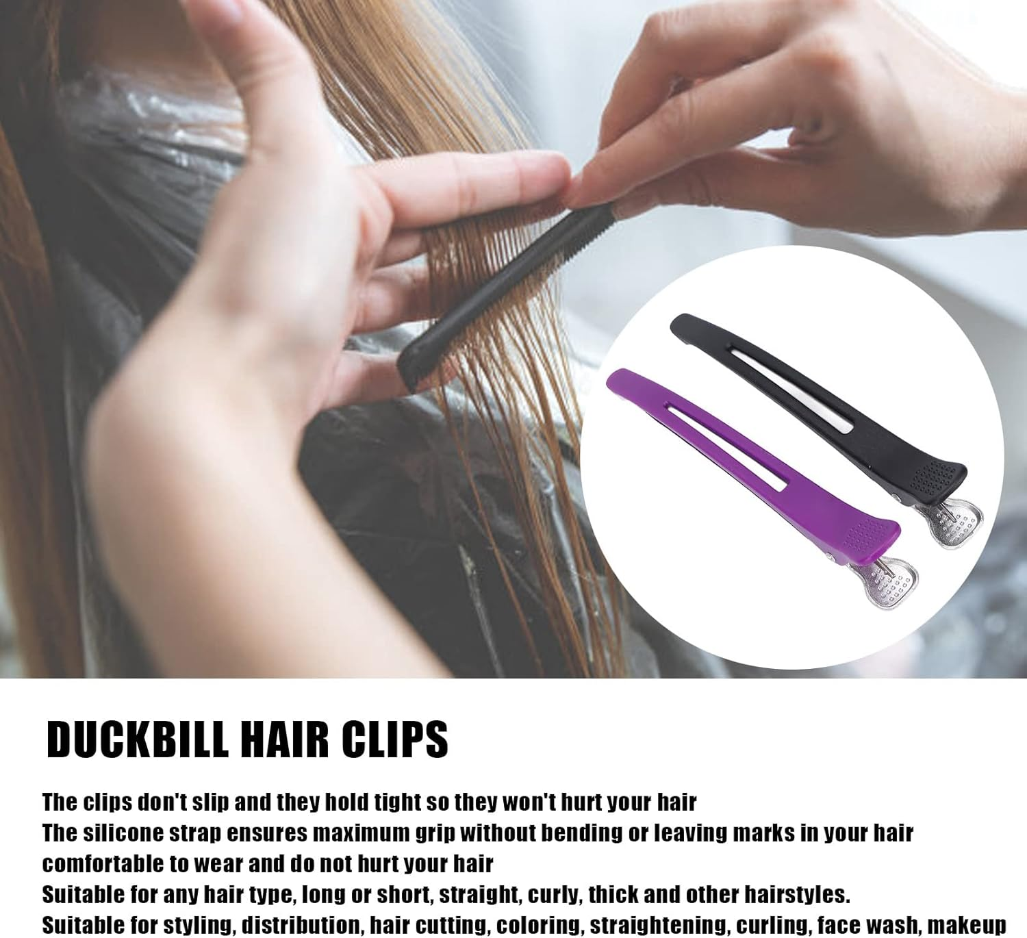 Pack of 12 Duckbill Clips, Hair Clips for Styling Cuts, Non-Slip Long Hair Clips with Silicone Band, Clips for Hairdressers (Black, Purple)
