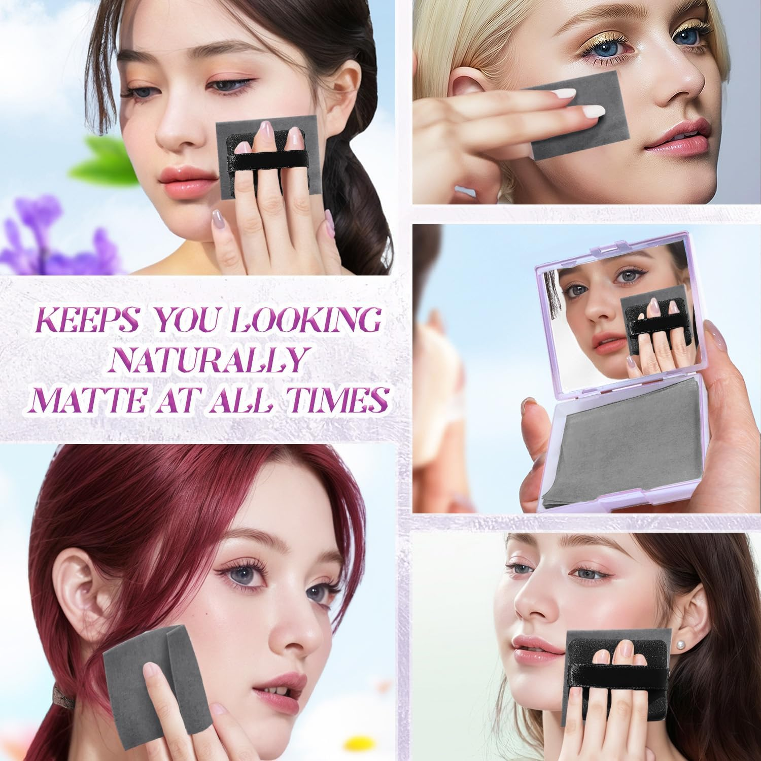 BOROLA 3-In-1 Lucky Girl Oil Blotting Paper Set for Face 100 Sheets Oil Absorbing Sheet with Portable Mirror & Adhesive Makeup Puff for Oily Skin, Design for Men & Women(Purple) image number 5