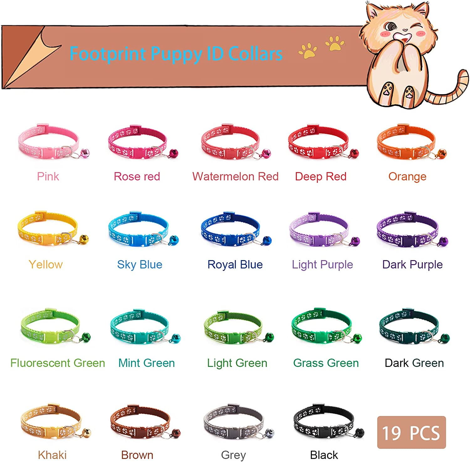 19 PCS Puppy ID Collars Footprint Puppy Collars Puppy Collars with Bell Adjustable Puppy Collars Cat Head Shape Safety Buckle Collars Newborn Puppy Puppy Cat Collars image number 3
