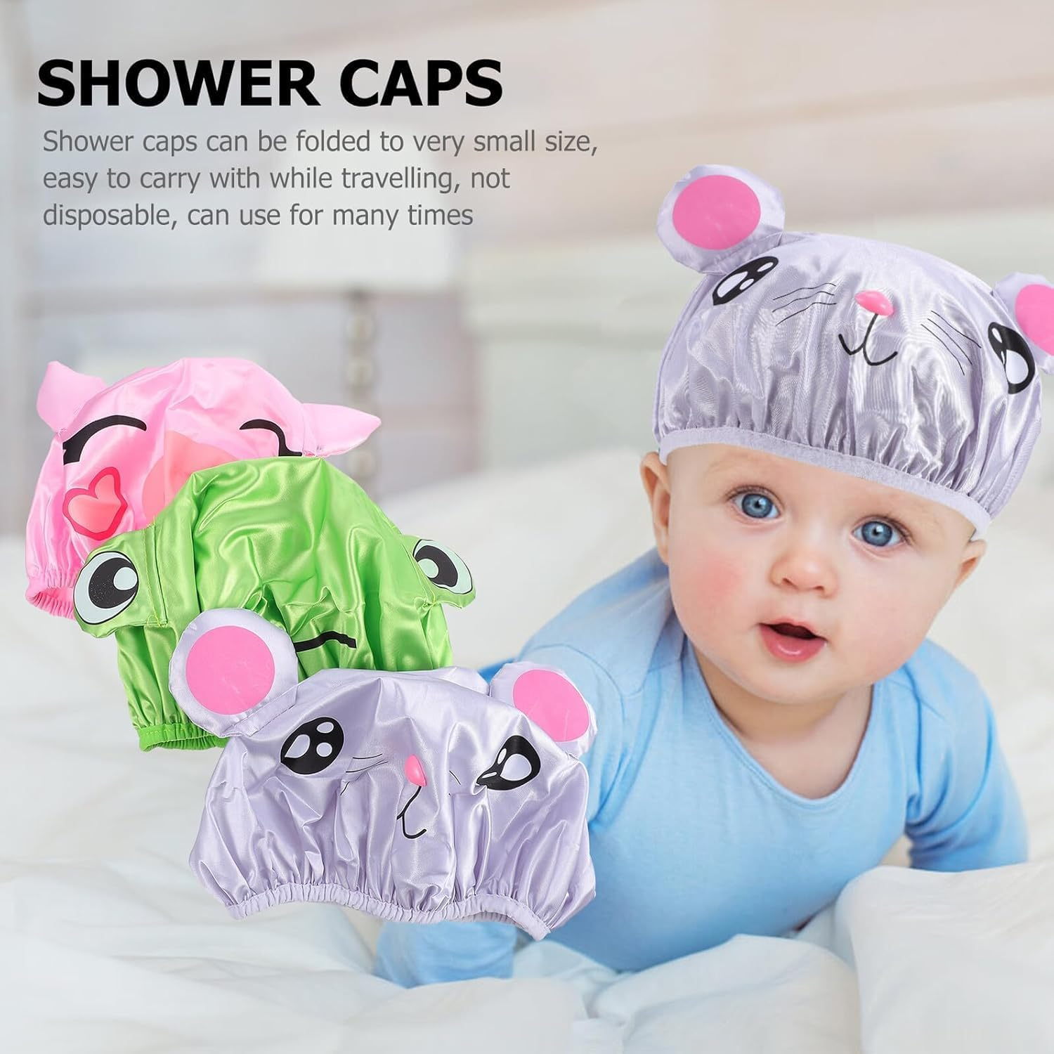 KFPPLXQ Cute Animal Design Shower Caps, 3-Pack Waterproof Reusable Hair Cover, Pink, Green, Grey, 10.2 Inch image number 1
