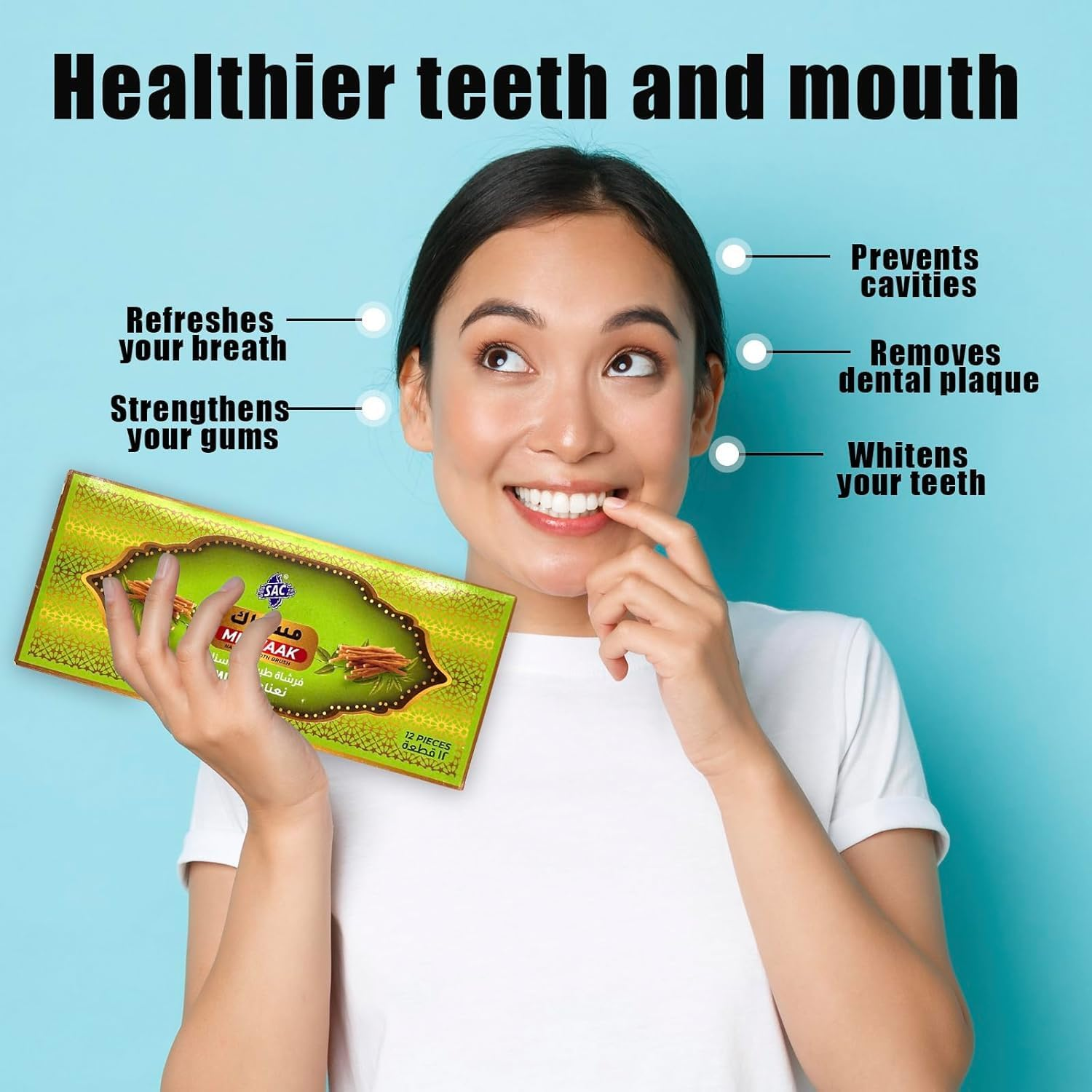 12 Pack Natural Miswak Toothbrush - Vacuum Sealed Traditional Toothbrush Stick - for Healthy Teeths,Gums and Fresh Breath (Mint Flavor)