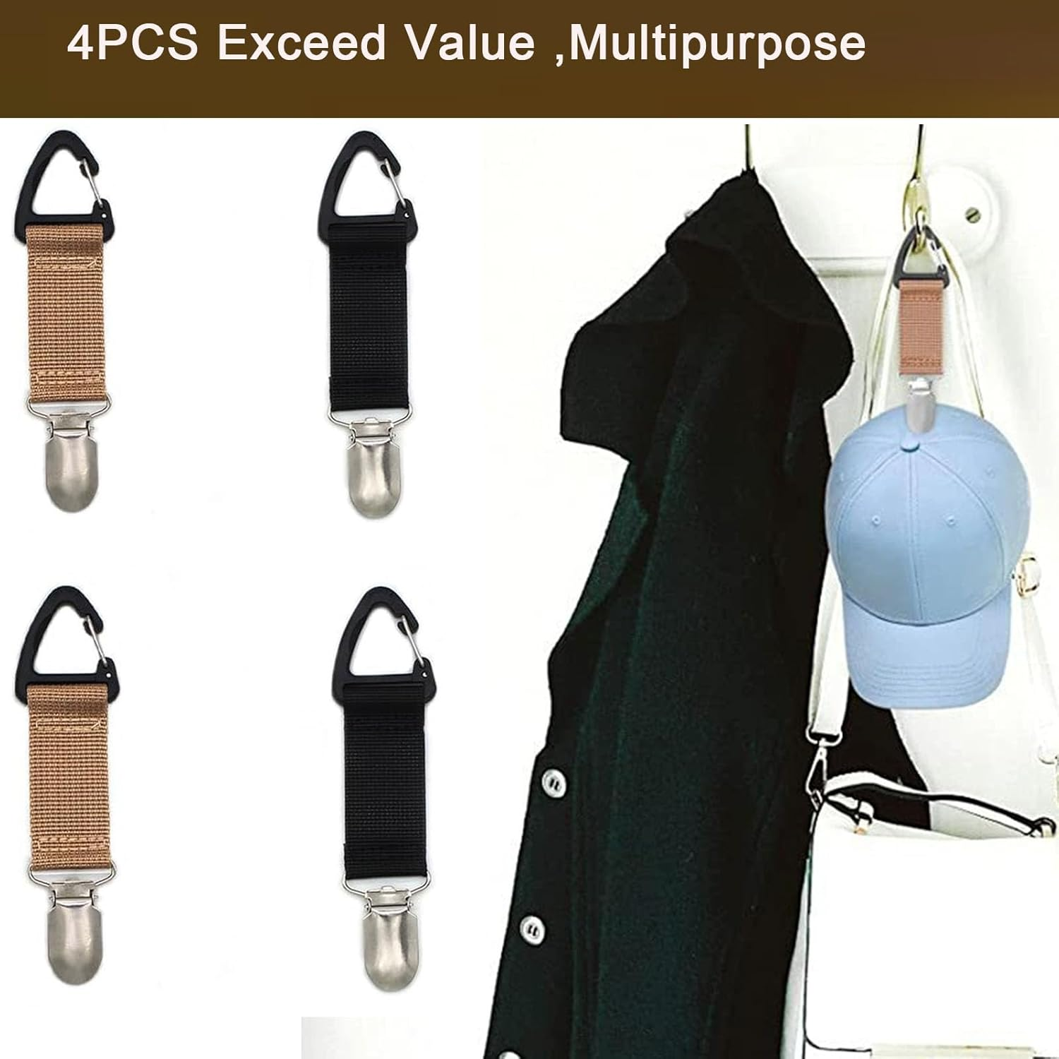 4 Pack Travel Hat Clip Elastic Hat Holder for Purse Hands-Free Bag Accessory for Traveling Bags Backpacks Purses Luggage Outdoor Travel Accessory, Black, Khaki, One Size image number 3