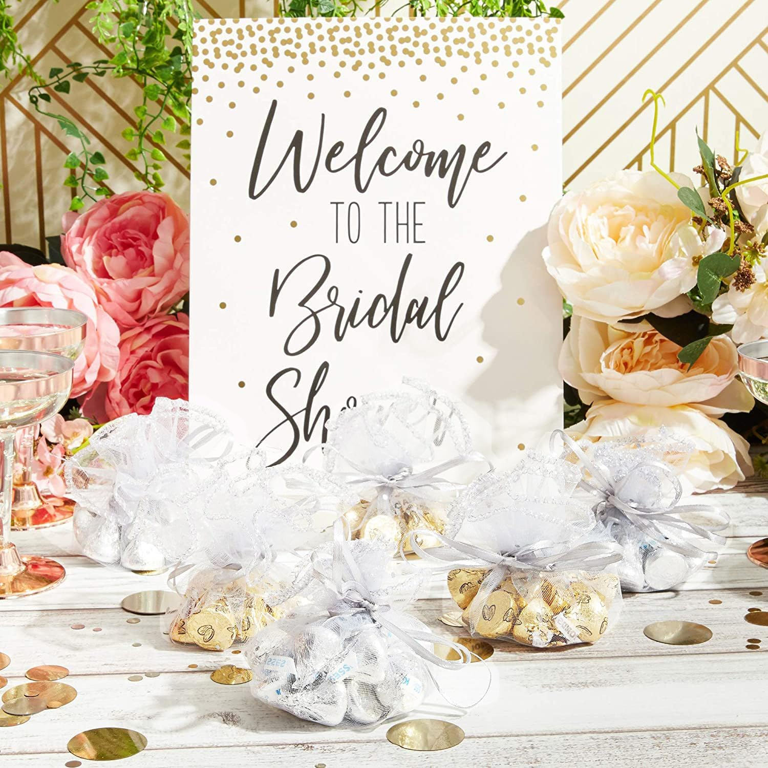 100Pcs White Organza Tulle Circles with Drawstring, 9.8 Inch round Organza Bags Jewelry Candy Pouch Christmas Wedding Party Favor Gift Bags image number 2