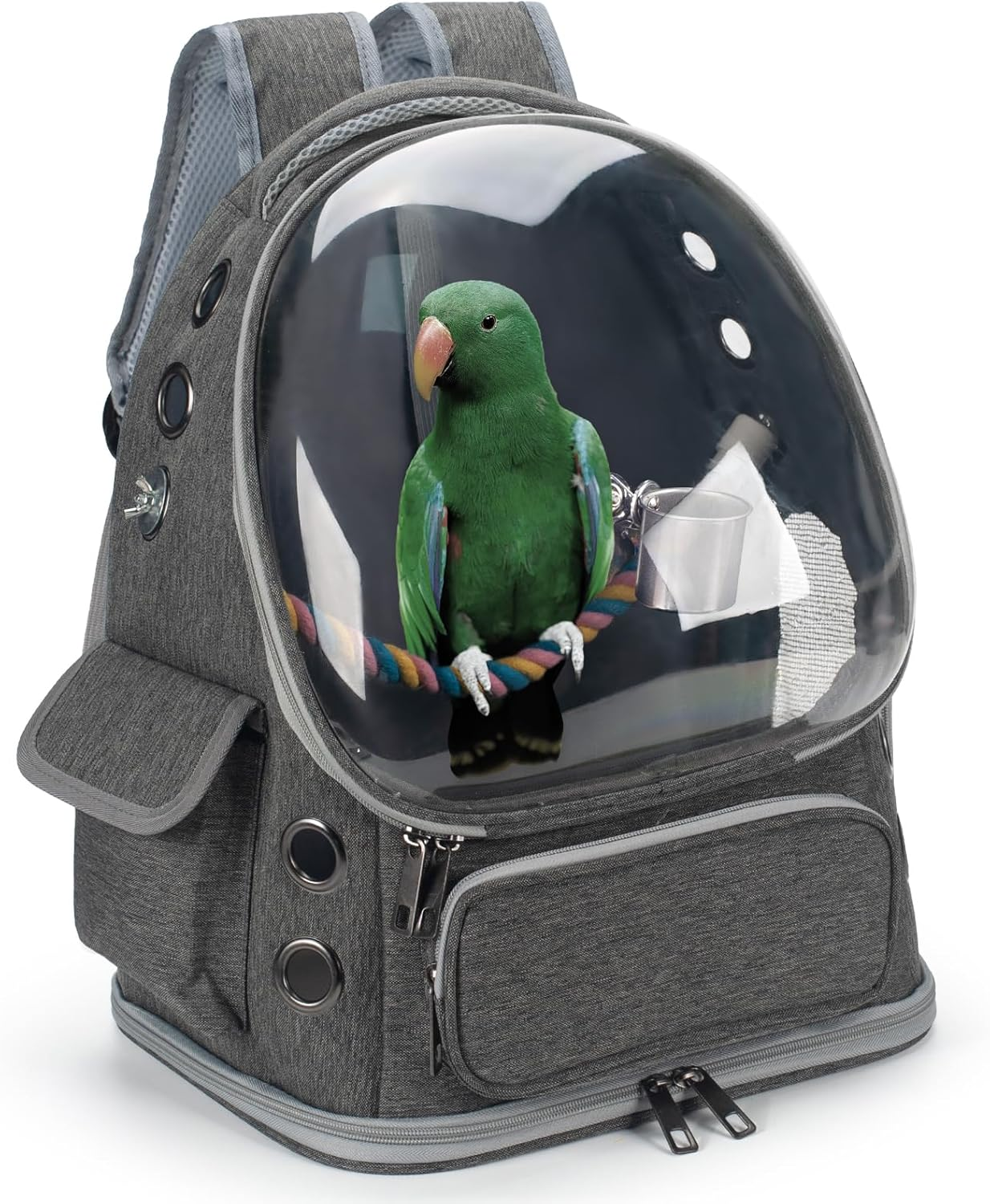 Bird Backpack Carrier Travel Cage with Perch, Tray and Breathable Clear Window, Bird Travel Cage for Cockatiel Caique Conure Quaker, for Vetting Camping Hiking (Grey)