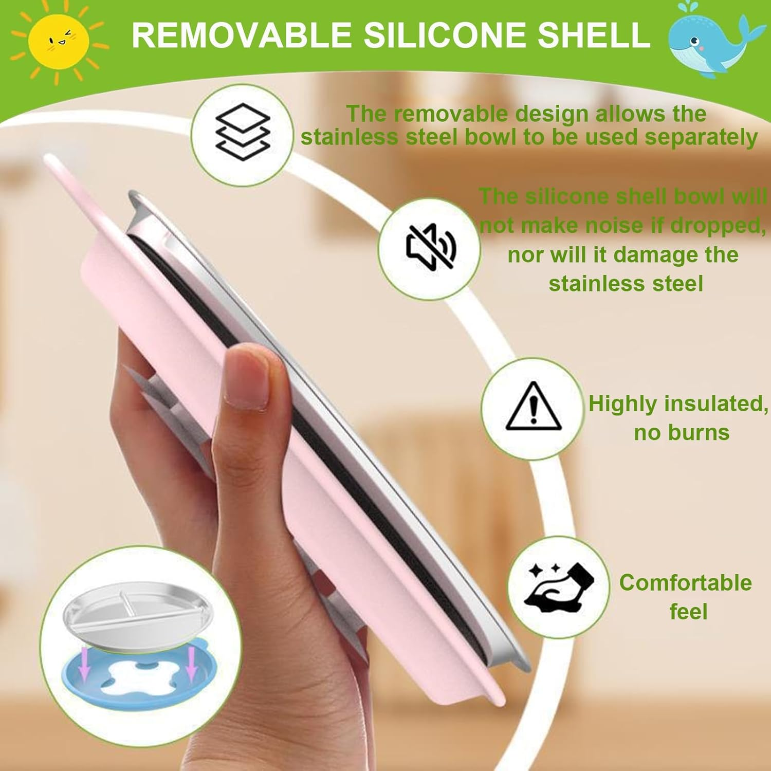 3 Pack Stainless Steel Toddler Plates with Suction,9&rdquo; Kids Divided Plates with Removable Silicone Sleeves,Non-Slip Portion Control Snack Dishes,Unbreakable, Dishwasher Safe Baby Feeding Set image number 2