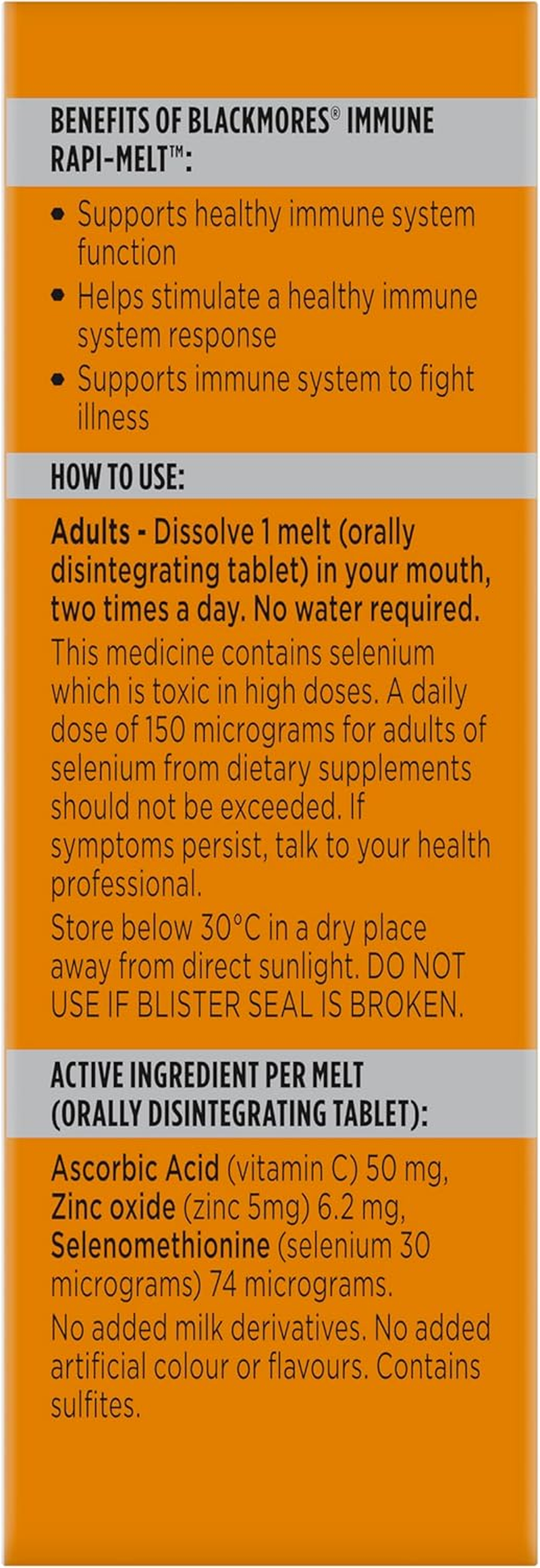 Blackmores Immune Rapi-Melt | Supports Immune System Health | Contains Vitamin C, Zinc and Selenium | Citrus Flavour | 60 Melts image number 1