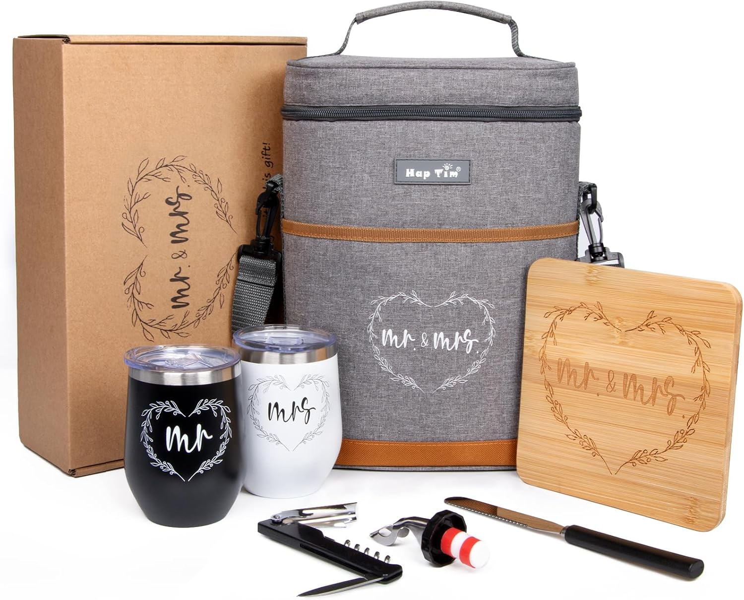 Hap Tim Wedding Gifts for Couples, Bridal Shower Gifts, Engagement Gifts for Newlyweds, Mr and Mrs Gifts - Wine Cooler Bag Insulated Wine Carrier Tote with Tumblers, Bamboo Cheese Borad (AU13624-G1)