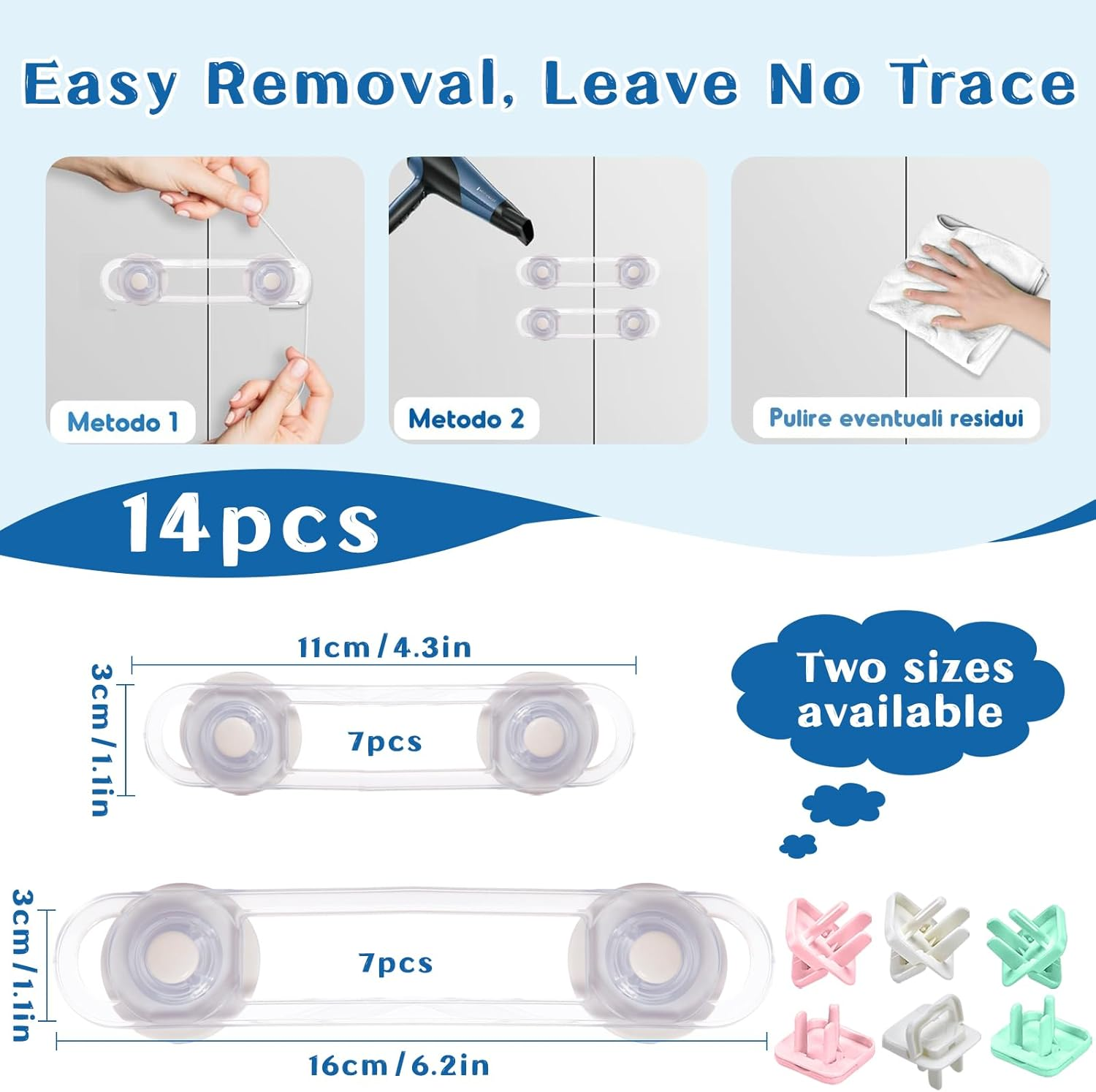 Child Safety Door Lock (14+6 Pack), Baby Proof Cabinet Latches Locks with 3M Self-Adhesive, with 6 Electric Outlet Pulg Covers, No Drilling, Kids Safety Cabinet Locks Straps Drawer Locks image number 3