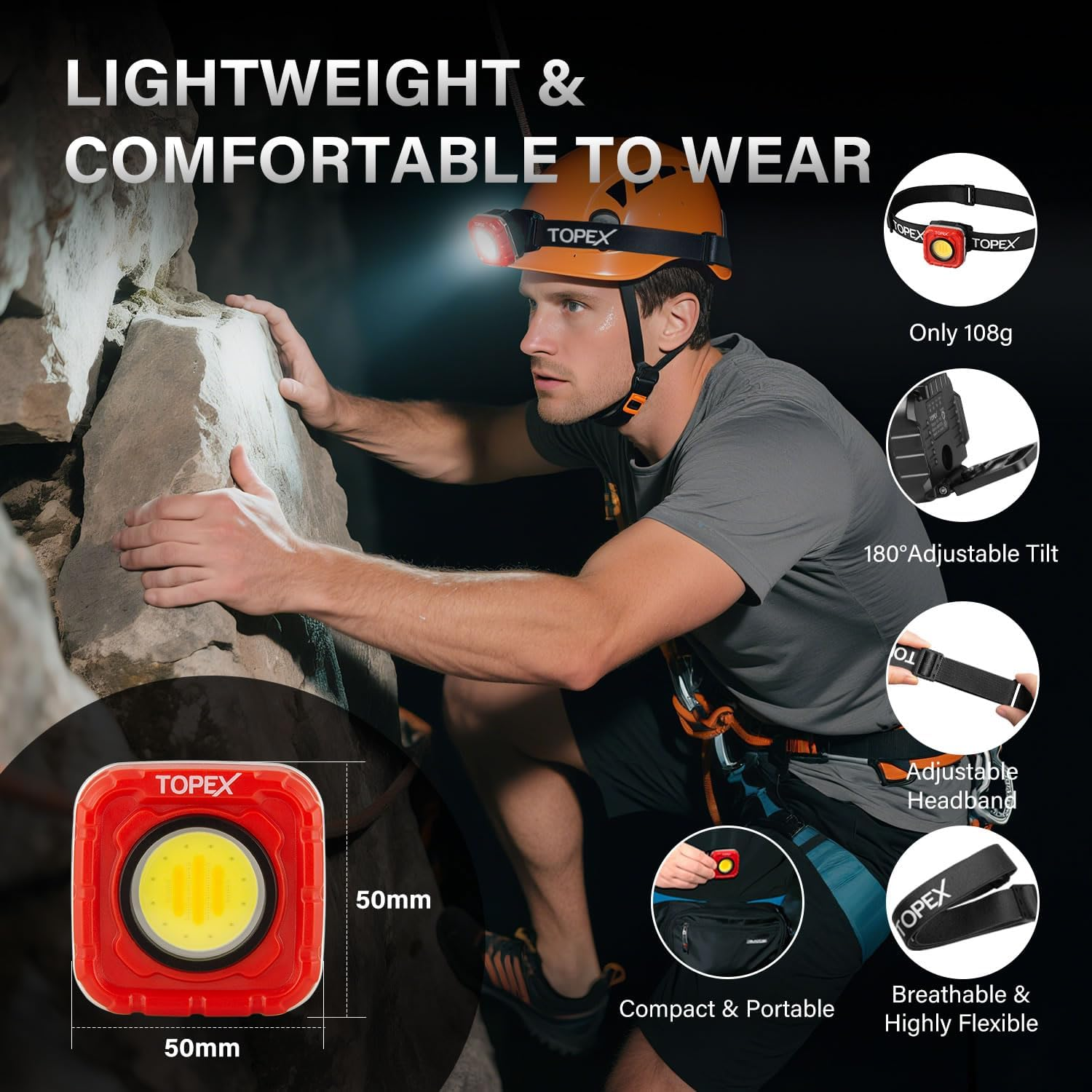 TOPEX 1000 Lumens Magnetic Base Rechargeable Work Light with 7 Light Modes & 10 Hours Runtime, IP64 Waterproof & Headlight, Adjustable & Detachable Headband for Camping, Working, Running, Emergency image number 6