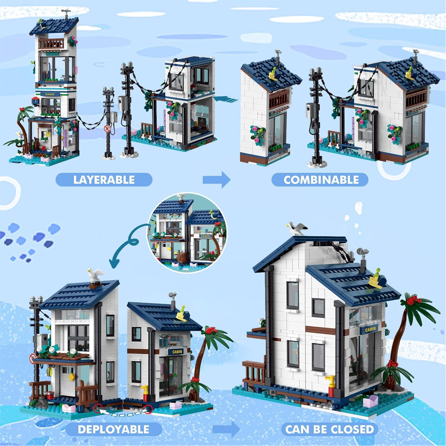 3 in 1 Beach House Building Set, Modern Seaside Villa with Light, Friends Vacation Cottage, Japanese Architecture Model Toys Gifts for Kids Adult Age 8+(813 Pcs) image number 4