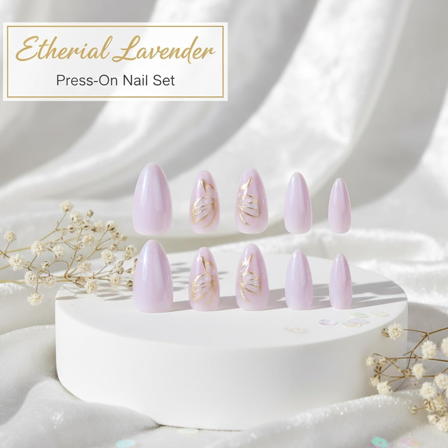 Press on Nails, 24-Piece Gold Butterfly Purple Fake Nails, Medium Length Stick on Nails for Women and Girls, Easy Application for Daily Decoration and Special Occasions image number 1