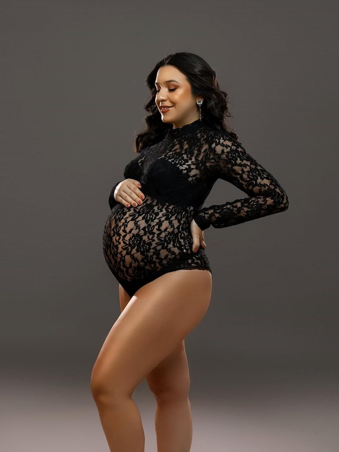 Justvh Women'S Sheer Lace Maternity Bodysuit for Photoshoot Long Sleeve Turtleneck Floral Pregnancy Tops Jumpsuit image number 4