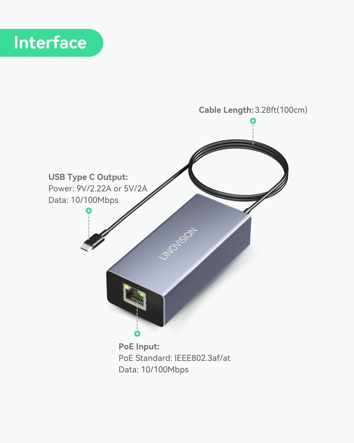 LINOVISION POE to USB-C Converter, Data and Charging through One Cable, Ieee802.3Af/At POE Convert to USB Type C with 10/100Mbps Ethernet, 9V/2.22A or 5V/2A Output, Suitable for Phones and Tablets image number 6