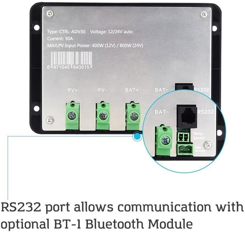 Renogy 30A 12V/24V PWM Solar Charge Controller with LCD Display Flush Mount Design Negative Ground, Compatible with Sealed, Gel, Flooded and Lithium Batteries, Adventurer 30A,Black image number 6