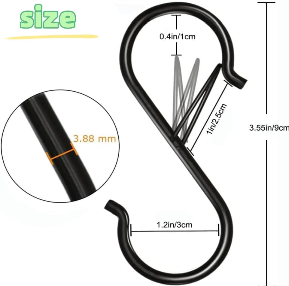 HIDOSNG 20Pcs S Hooks with Safety Buckle, 3.5 Inch Heavy Duty S Hooks for Kitchen, Bathroom, Courtyard - Hanging Plants, Clothes,Bathing Utensils, Bags (Black) image number 3