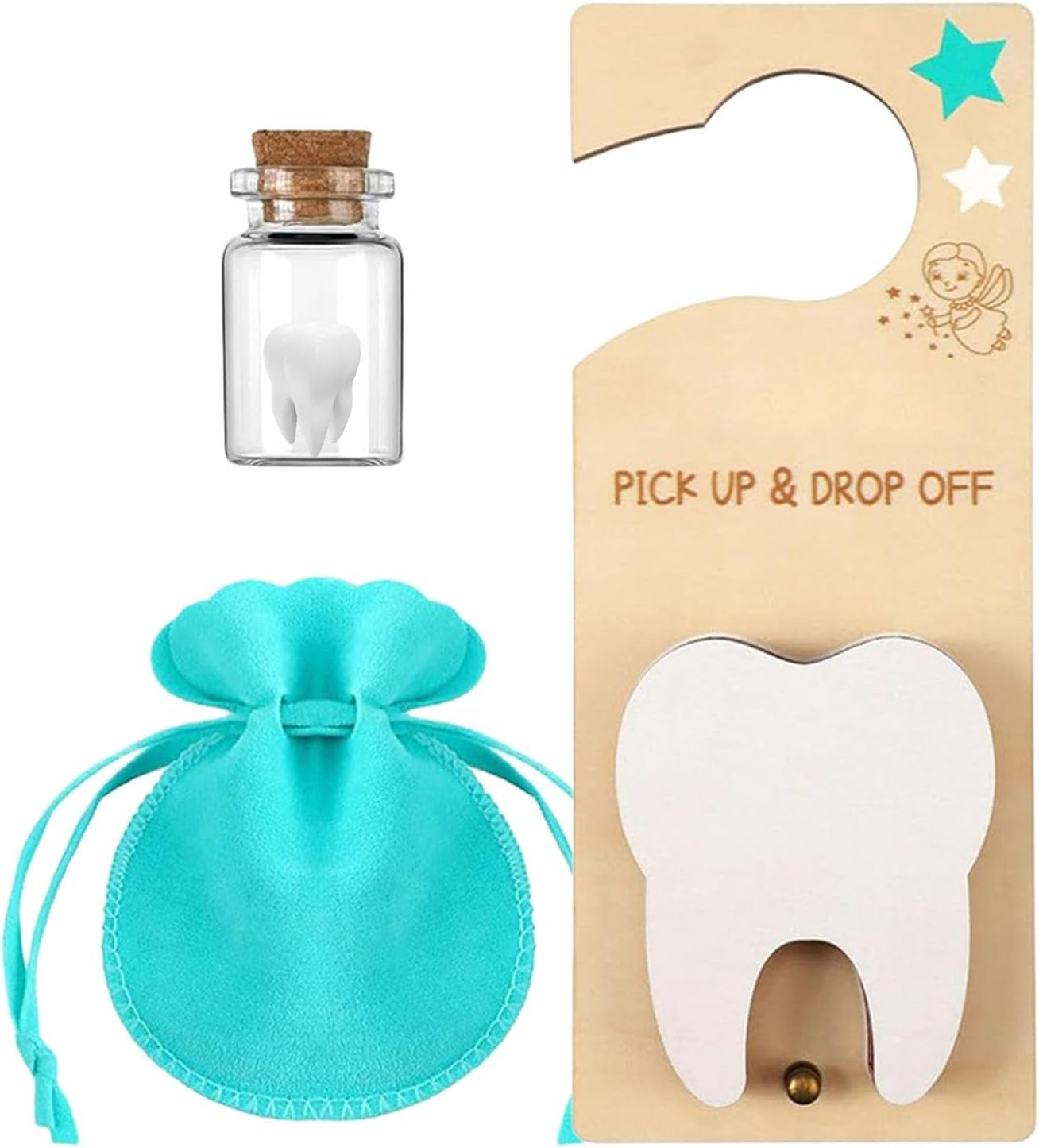 Tooth Fairy Pick up and Drop Off, Tooth Fairy Door Hanger with Money Slot,Tooth Fairy Tooth Holder Bag,Tooth Holder Pouch, Velvet Pouch Tooth Fairy Box