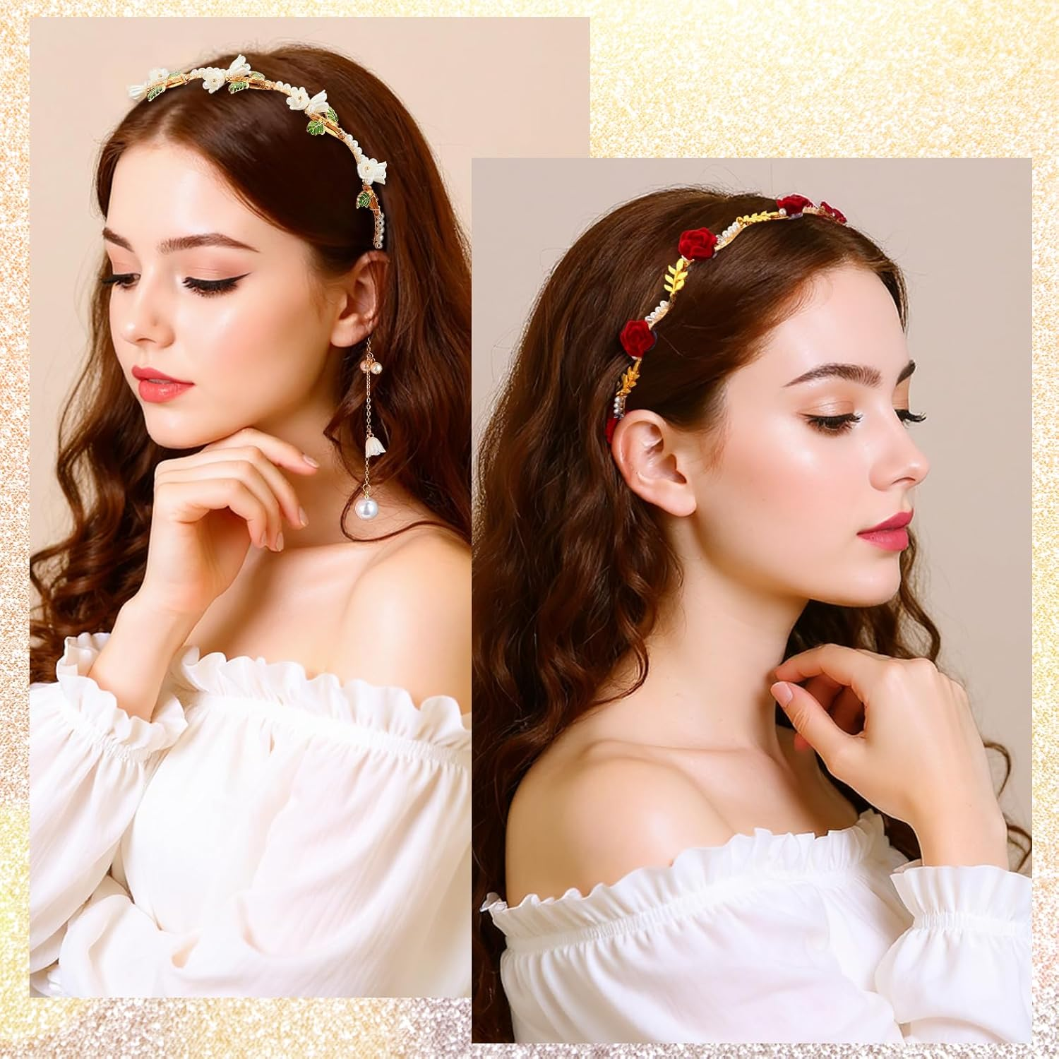 Heclia Hair Accessories for Flower Girl Wedding 2 Pieces Golden Vine Leaf Boho Headband and Vintage Red Rose Renaissance Accessories Bridal Beads Headpiece Wedding Princess Fairy Headband