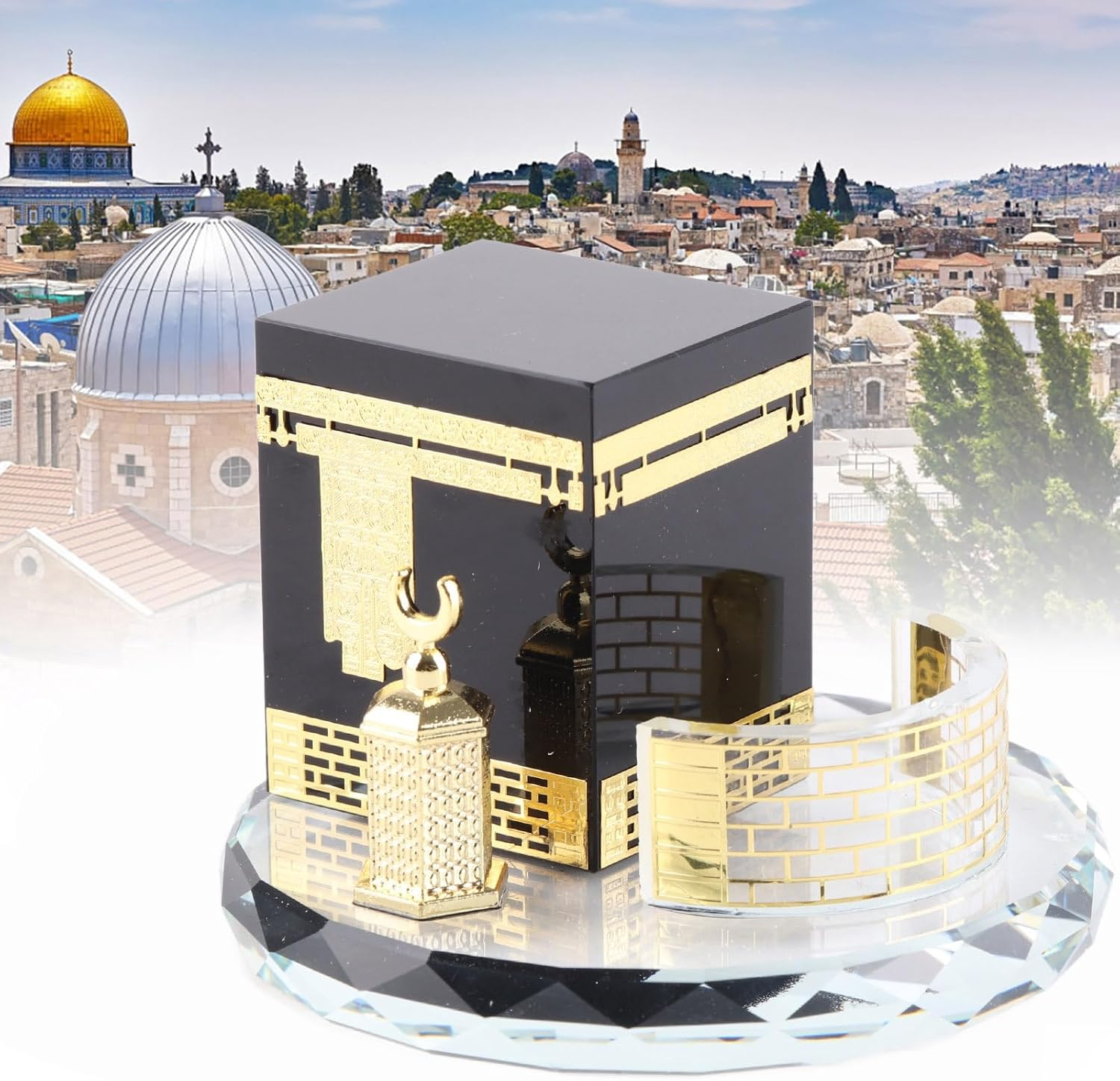 Islamic Crystal Decor Kaaba Model Office Supply, Muslim Crystal Gilded Caaba 3 Pcs Model Islamic Building Handicrafts Souvenirs Vehicle Decor image number 5