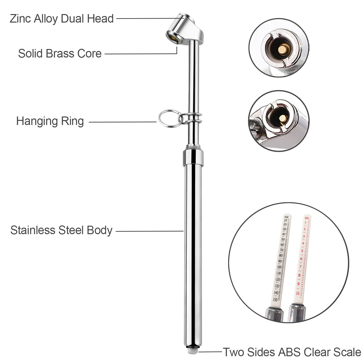 Atsafepro Truck Tire Pressure Gauge,Heavy Duty Pen Tire Gauge Range to 150Psi/10Bar,Dual Head Air Pressure Gauge (Pack of 2) image number 6