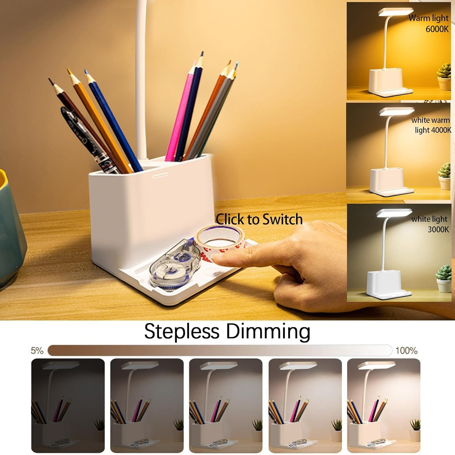Cordless Desk Lamp, LED Desk Lamp with Pen/Phone Holder, Rechargeable Study Table Lamp with 360&deg; Gooseneck, for Kids/Student/College Dorm/Office image number 6